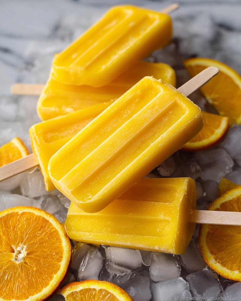 The image shows five bright yellow popsicles with a smooth, slightly frosty texture, each with three shallow vertical grooves running down their length. They are arranged casually on a bed of clear ice cubes, some popsicles overlapping each other with visible light wooden sticks pointing out from the bottom. Around the popsicles, there are several slices of fresh, juicy orange with a vibrant orange peel and moist interior, adding a pop of complementary color. The whole scene is set against a white marbled background that highlights the freshness and coolness of the popsicles. photo taken with an iphone --ar 4:5 --v 7