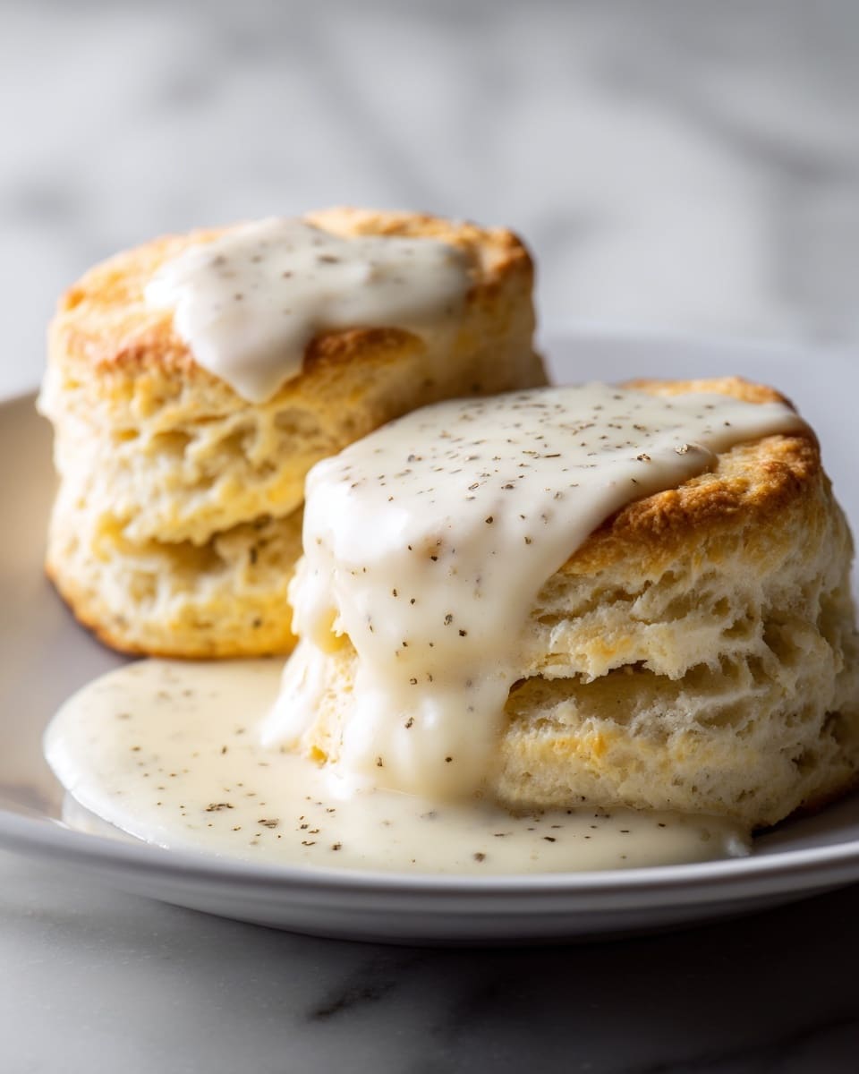 Two soft, golden biscuits sit side by side on a white plate with a smooth, dark surface. Each biscuit has a rough texture with a light, flaky inside visible. Both are draped with a thick layer of white creamy gravy that pools slightly around their bases, with small specks of black pepper sprinkled on top. The background features a white marbled texture that highlights the warm tones of the biscuits and the creamy sauce. Photo taken with an iphone --ar 4:5 --v 7