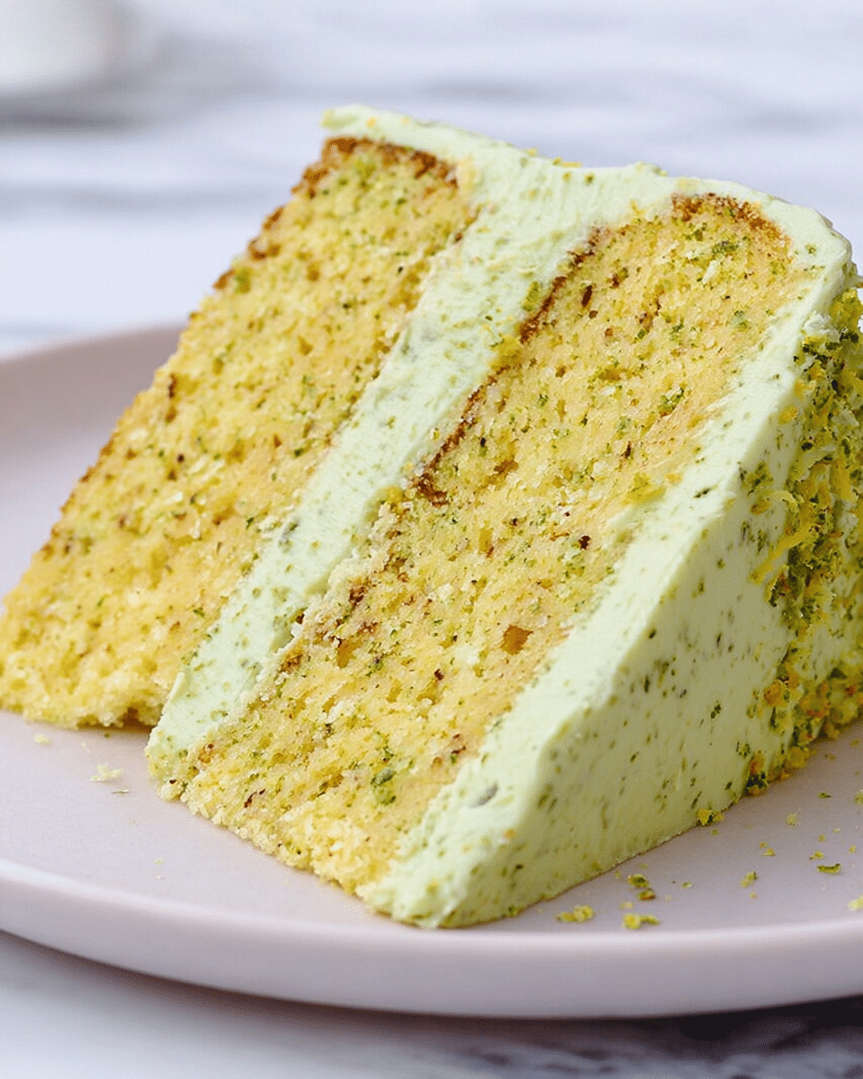 A close-up of a two-layer slice of cake on a white plate, showing light greenish-yellow sponge cake with small darker flecks throughout. Each cake layer is separated by a thick layer of pale green cream that also covers the sides of the slice, with tiny green specks visible in the frosting. The texture of the cake appears moist and slightly crumbly, while the frosting looks smooth and creamy. The background features a white marbled surface, adding a soft contrast to the cake. Photo taken with an iphone --ar 4:5 --v 7