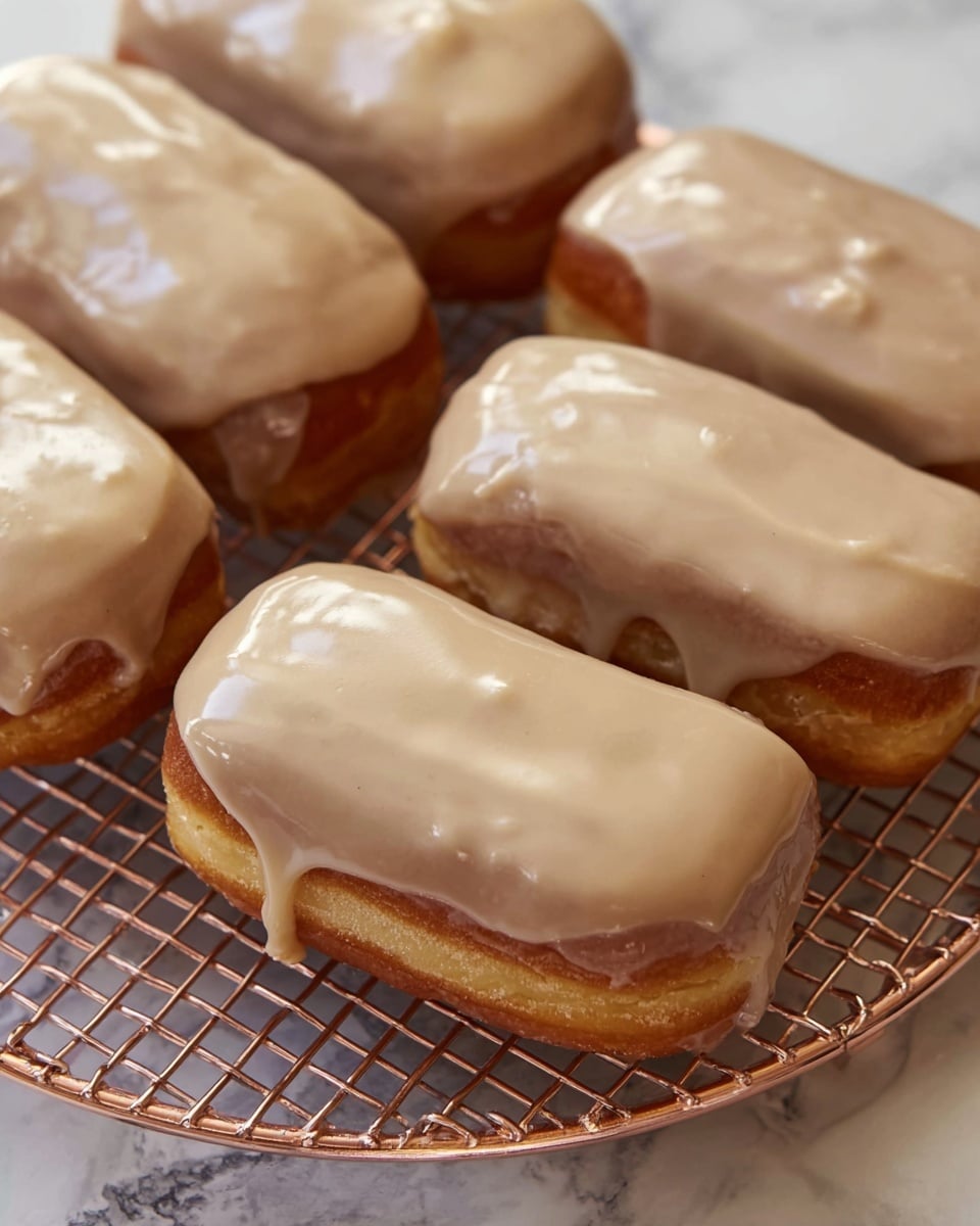 The image shows four rectangular doughnuts with a thick, smooth coffee-colored glaze on top. Each doughnut has one layer of golden brown fried dough as the base, covered by a shiny beige glaze that evenly coats the top and edges, slightly dripping down the sides. The doughnuts are placed closely together on a rose-gold wire cooling rack, which sits on a white marbled surface. photo taken with an iphone --ar 4:5 --v 7