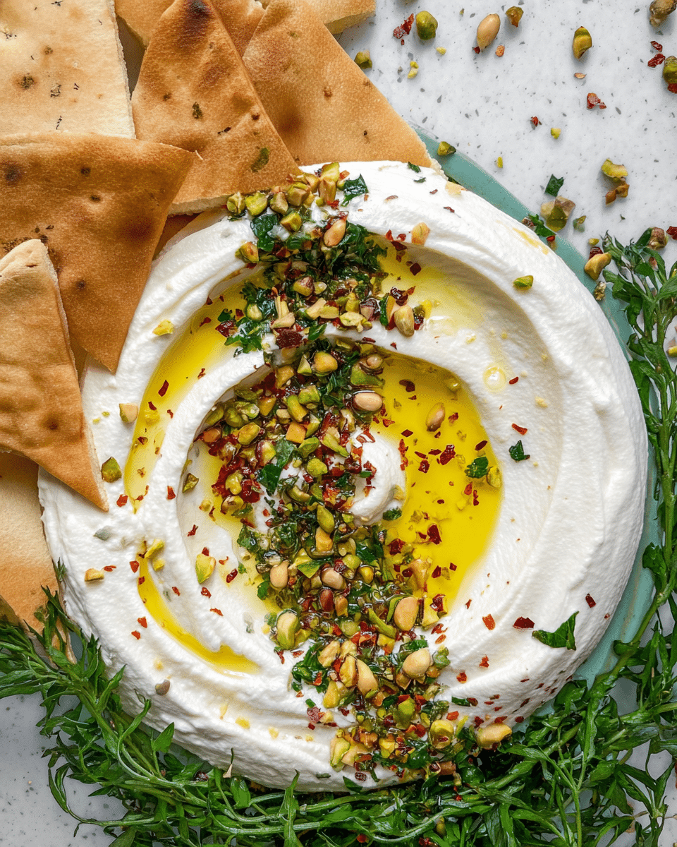 The image shows a white plate with a thick layer of creamy white dip spread in a circular pattern. On top of the dip, there is a generous drizzle of golden olive oil pooled mainly in the center and sprinkled with red chili flakes for color contrast. Around the olive oil, there are scattered toasted pine nuts, chopped green pistachios, and finely chopped fresh green herbs, adding texture and color. In the upper left corner, several triangular pieces of toasted pita bread rest on the white marbled surface next to the plate, with a cluster of fresh green herb sprigs nearby. The brightness and texture of the creamy dip, nuts, and herbs create a fresh and inviting look. Photo taken with an iphone --ar 4:5 --v 7
