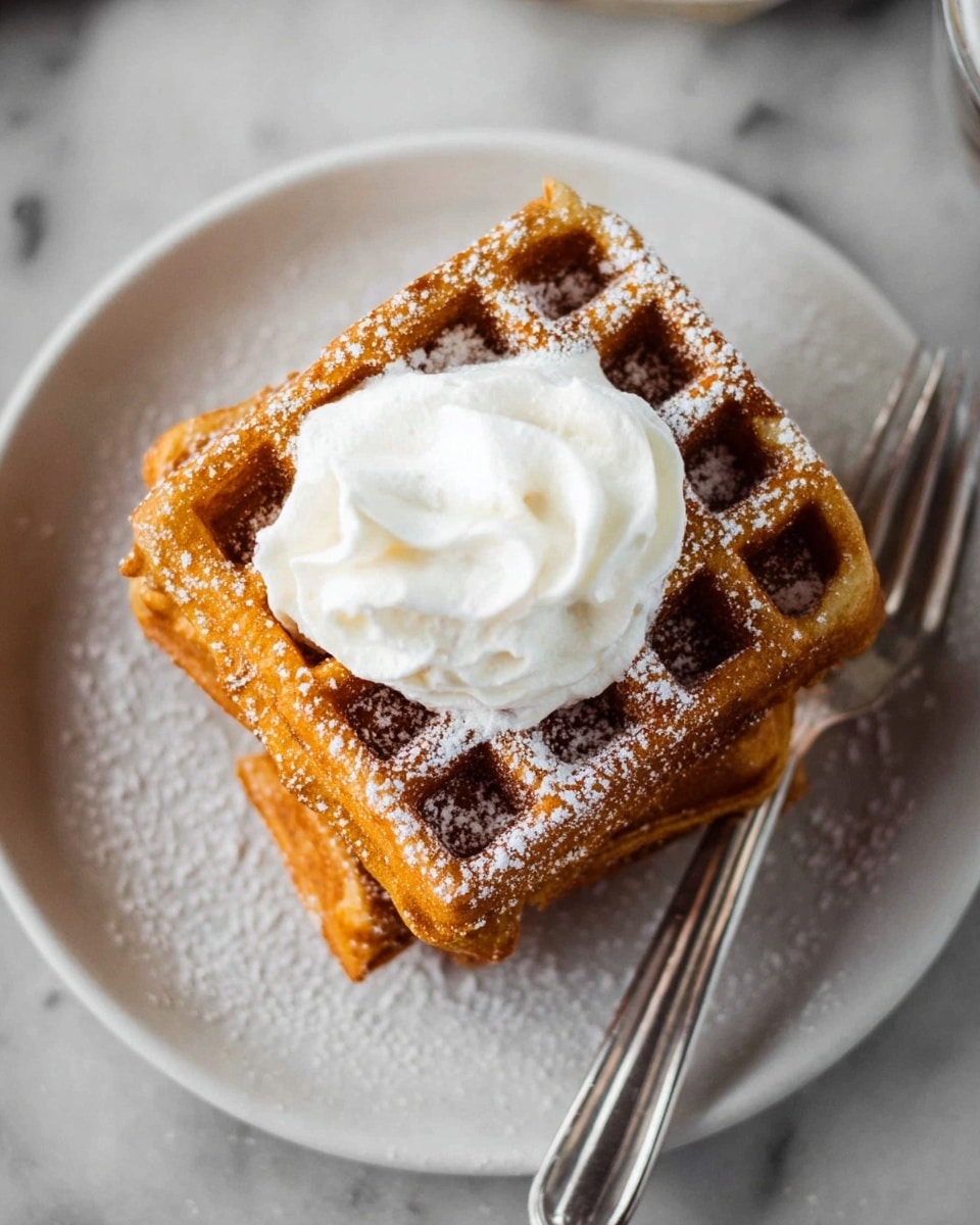Two golden-brown waffles are stacked neatly in the center of a white plate, each waffle showing a crisp, textured grid pattern. A generous dollop of smooth, white cream sits on top of the stack, slightly swirled for a soft, airy look. The waffles are lightly dusted with white powdered sugar, adding a delicate touch to their warm color. A silver fork rests diagonally on the side of the plate. The plate sits on a white marbled texture surface. Photo taken with an iphone --ar 4:5 --v 7