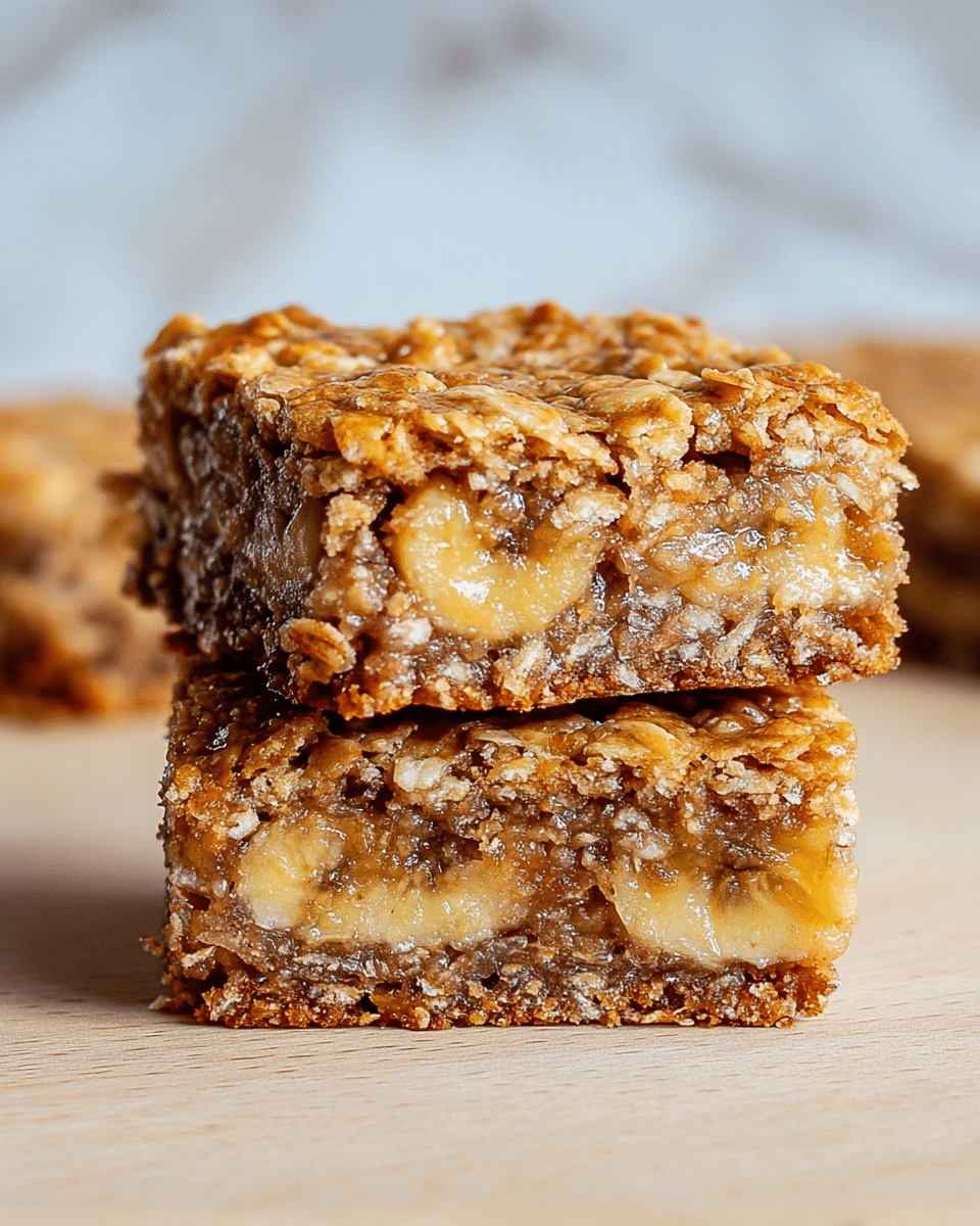 Two square oat bars are stacked on top of each other on a light wooden surface with a white marbled texture background. Each oat bar has three visible layers: the top layer is golden brown with a rough, crumbly oat texture, the middle layer is moist and chewy with visible banana pieces showing a soft, yellow color and a gooey consistency, and the bottom layer is a slightly darker, firmer crust with a baked, crisp look. The bars appear thick and dense, showing a blend of soft and crunchy textures. Photo taken with an iphone --ar 4:5 --v 7