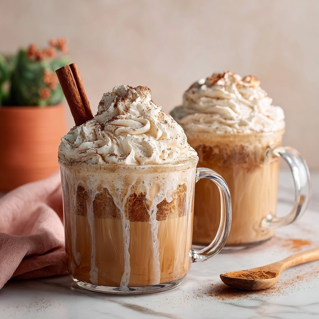The image shows two clear glass mugs filled with light brown coffee topped with thick, swirled white whipped cream sprinkled with fine brown cinnamon powder. One mug in the front has the whipped cream slightly melting and spilling over the edges, creating white foam streaks down the mug. The mug in the background has a cinnamon stick placed inside the whipped cream. Both mugs are set on a white marbled surface with a soft pink cloth and a wooden spoon nearby, and a small blurred terracotta plant pot in the back. photo taken with an iphone --ar 4:5 --v 7