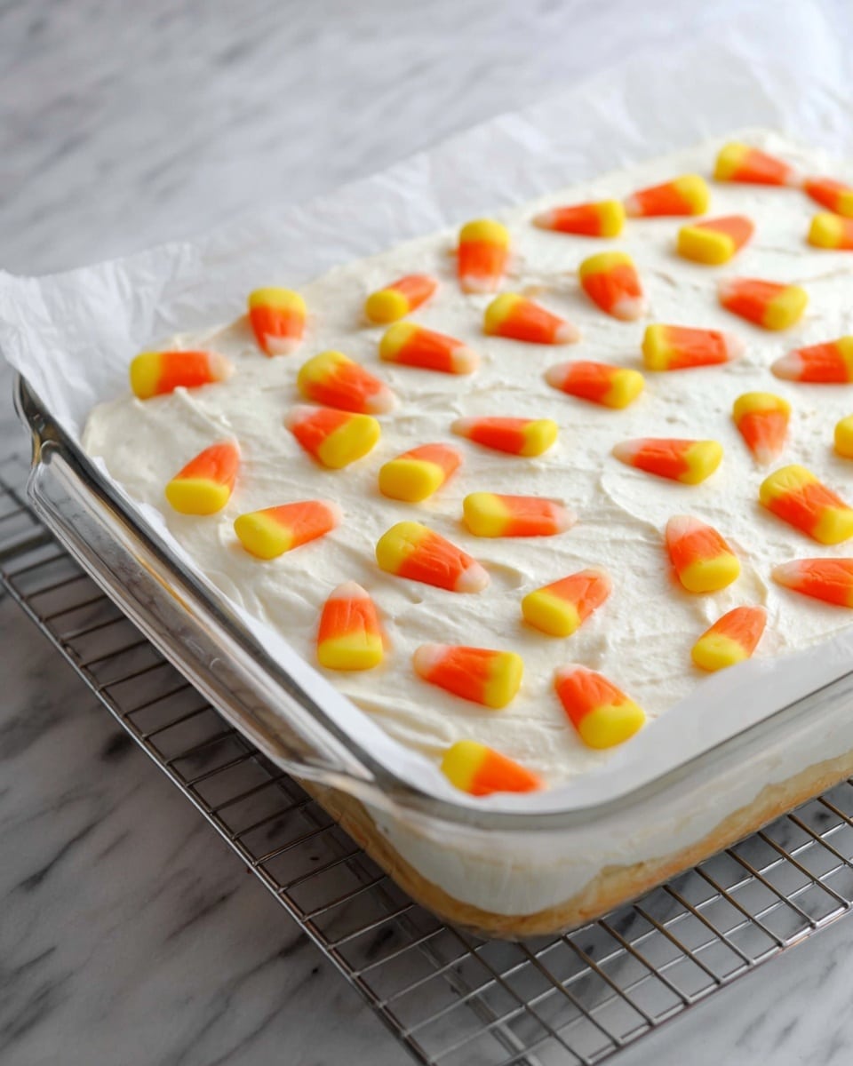 A rectangular glass baking dish lined with white parchment paper contains a two-layer dessert. The bottom layer is smooth and light brown, visible on the sides, while the top layer is a thick, creamy white frosting with a slightly textured surface. Scattered evenly across the top are bright orange, yellow, and white candy corn pieces. The dish is placed on a metal cooling rack on a white marbled surface. Photo taken with an iphone --ar 4:5 --v 7