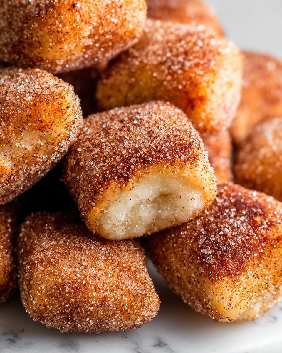 A close-up image showing several soft, golden-brown pastry bites covered in a thick layer of sparkling sugar and cinnamon, stacked closely together with a slightly crispy texture on top. Each piece is somewhat square or rounded in shape with a light, fluffy inside visible under the sugar topping. The pastries are placed on a white marbled surface with a shallow depth of field focusing on the textured sugar crystals. Photo taken with an iphone --ar 4:5 --v 7