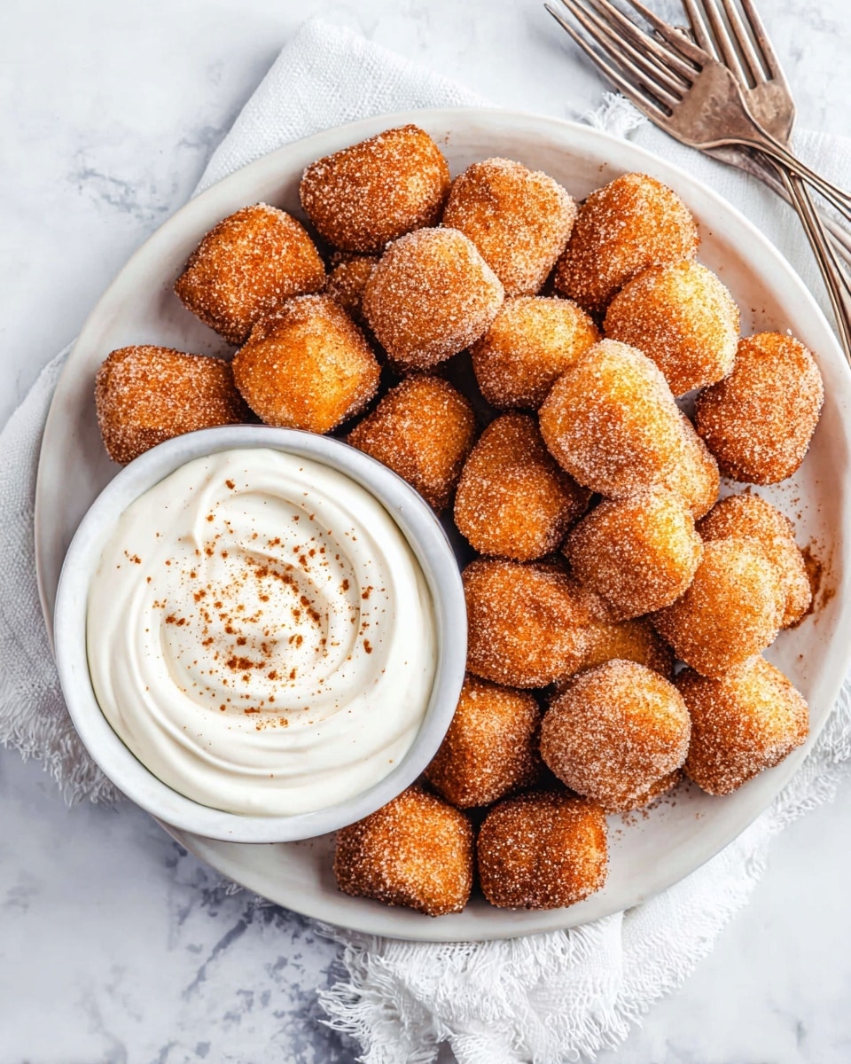 The image shows a white round plate full of small, golden-brown bread bites covered with a cinnamon-sugar coating, giving them a rough, slightly sparkly texture. On the left side of the plate, there is a small white bowl filled with thick, creamy white dipping sauce, swirled in a smooth pattern and lightly dusted with cinnamon powder on top. The plate rests on a white cloth, placed on a surface with a white marbled texture. Two vintage silver forks are positioned on the top right corner of the image. photo taken with an iphone --ar 4:5 --v 7