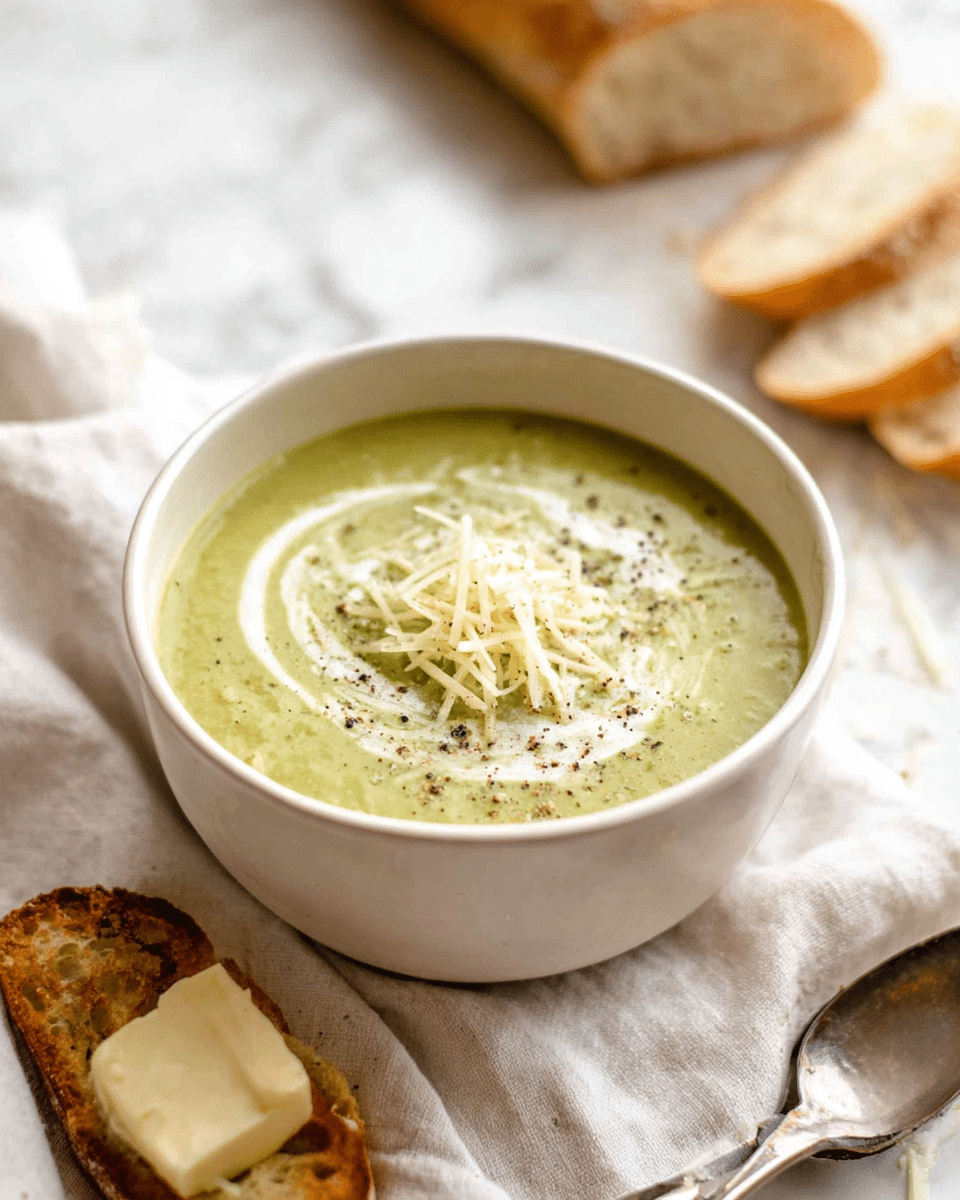 A white bowl filled with creamy green soup, topped with a swirl of white cream and a small pile of shredded white cheese sprinkled lightly with black pepper. The bowl is placed on a soft white cloth on a white marbled surface. Next to the bowl, there is a toasted piece of bread with butter and a silver spoon. In the background, there is a sliced baguette on the white marbled surface. photo taken with an iphone --ar 4:5 --v 7