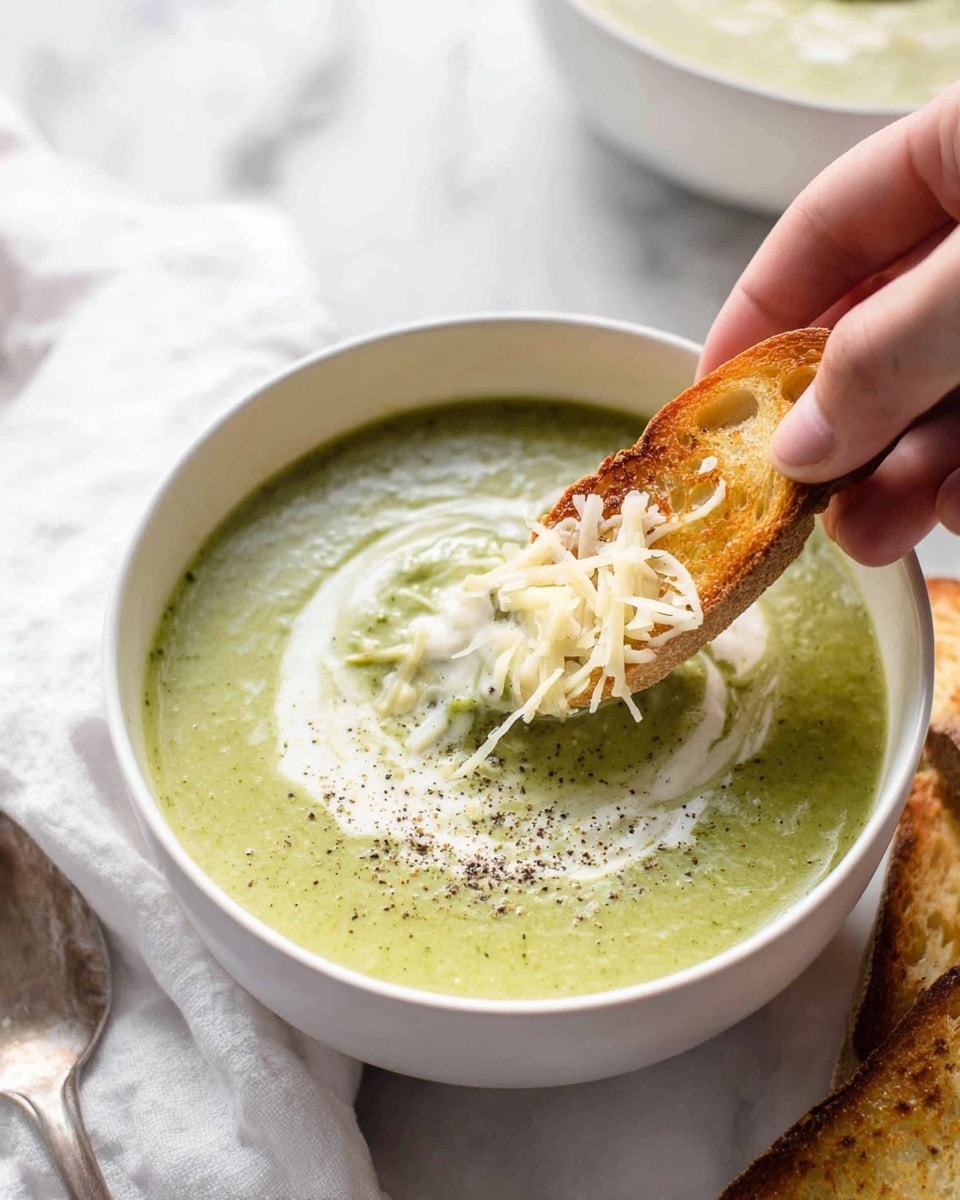 A white bowl filled with creamy green soup that has a smooth texture and is topped with a swirl of white cream and a sprinkle of shredded white cheese and black pepper. A toasted slice of bread with golden-brown edges is dipped into the soup, with some of the creamy soup coating the bread. A woman's hand is holding the piece of bread. The scene is set on a white marbled surface with a white cloth nearby and another white bowl slightly blurred in the background. photo taken with an iphone --ar 4:5 --v 7