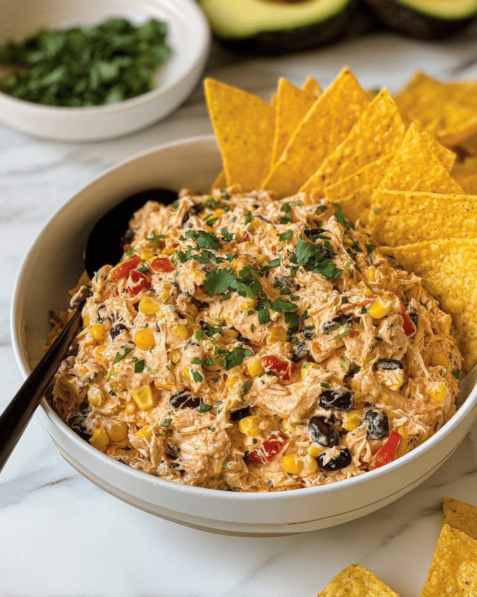 A close-up shows a white bowl filled with a creamy, chunky dip made of several layers mixed together: shredded chicken, black beans, yellow corn, diced red bell peppers, and finely chopped green herbs, all coated in a light orange creamy sauce. The dip is topped with fresh green cilantro leaves scattered on top. The back edge of the bowl is decorated with a row of golden-yellow tortilla chips standing upright. A black spoon rests in the bowl on the left side. In the background, a halved avocado and a small white bowl with more green herbs sit on a white marbled surface. photo taken with an iphone --ar 4:5 --v 7