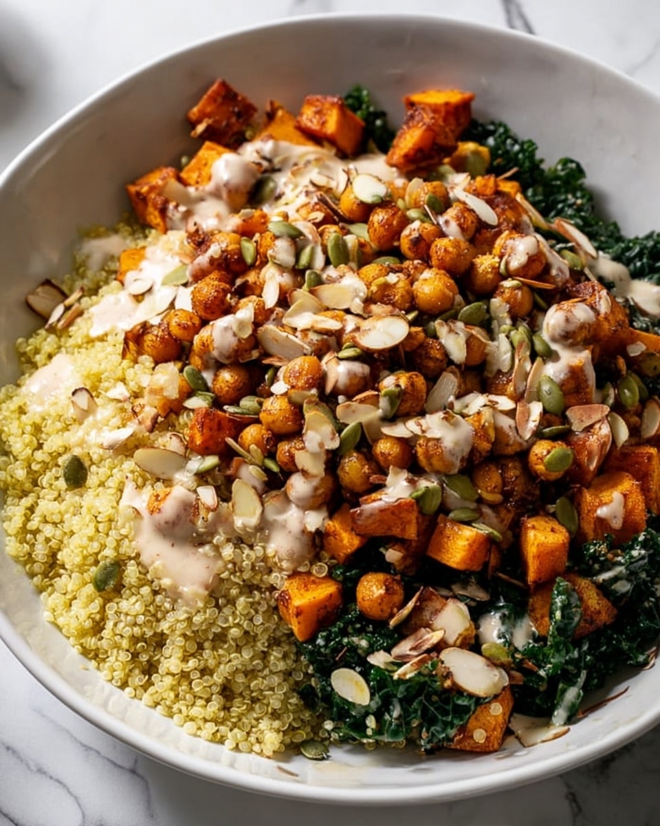 A white bowl holds a layered dish starting with a base of dark green leafy kale, topped with a thick layer of light yellow quinoa with a soft, grainy texture. Above the quinoa, there is a mixture of golden brown roasted chickpeas and small cubed orange sweet potatoes, all drizzled with a creamy light beige sauce. The dish is sprinkled with green pumpkin seeds and thinly sliced almond flakes, creating additional texture and color contrast. The bowl sits on a white marbled surface. Photo taken with an iphone --ar 4:5 --v 7