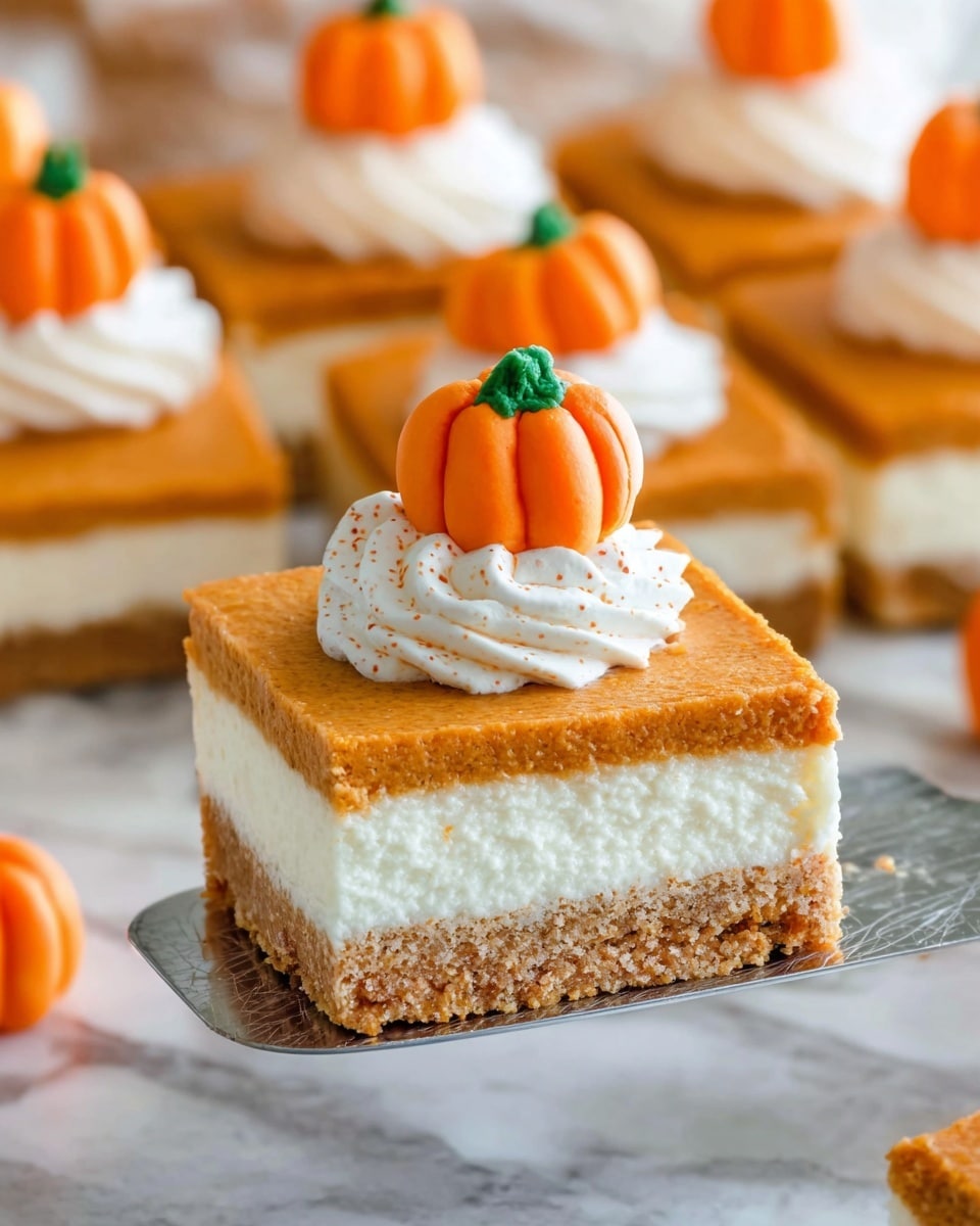 A rectangular tray holds eight square pumpkin bars with a thick, smooth, light brown base layer. Each bar has a swirl of white whipped cream on top, creating a textured, circular pattern in the center. At the middle of the whipped cream on each piece rests a small, bright orange pumpkin decoration with a green stem. One square piece is moved slightly out of place, showing the pumpkin bar's firm texture. The tray is placed on a white marbled surface scattered with tiny pumpkin candies around it. photo taken with an iphone --ar 4:5 --v 7