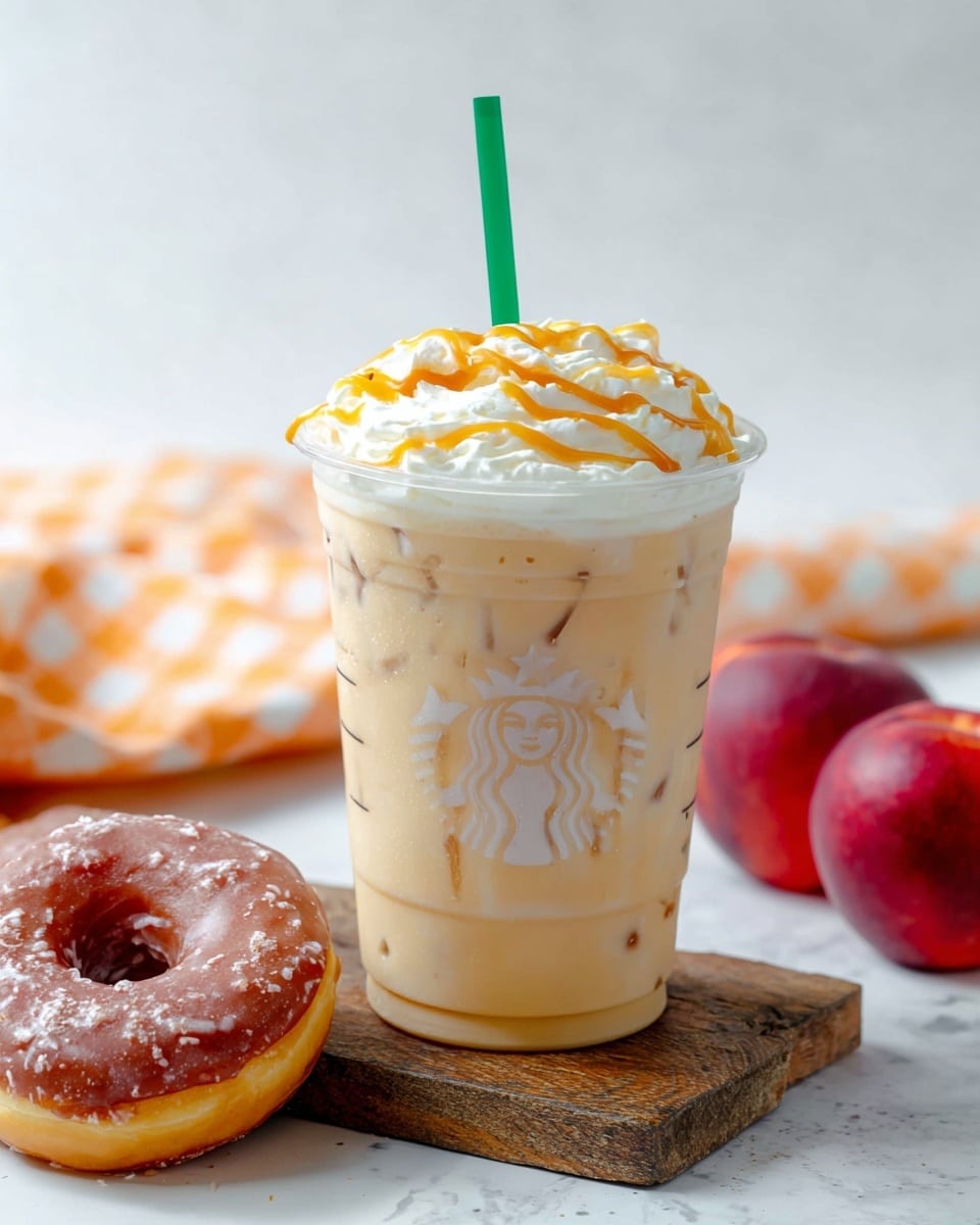 A clear plastic cup filled with a light creamy beige iced drink with visible ice cubes, topped with a thick layer of white whipped cream drizzled with caramel sauce; a green straw sticks out from the top. The cup sits on a worn wooden board placed on a white marbled surface. Around the cup, there are two brown glazed donuts and a red peach. In the background, a soft orange cloth with a white checkered pattern is partially visible. photo taken with an iphone --ar 4:5 --v 7