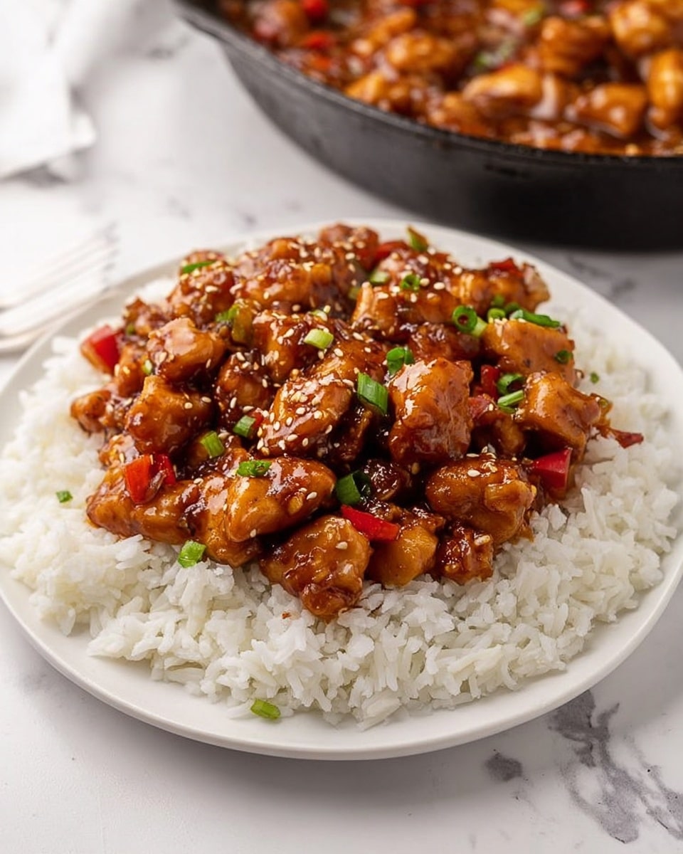 The dish shows a white plate with a base layer of fluffy white rice spread evenly across it. On top of the rice, there is a thick layer of glossy, brown glazed chicken chunks mixed with small pieces of red bell pepper and bits of green onion, giving a pop of color. The chicken pieces look tender and shiny, coated in a rich sauce with visible sesame seeds sprinkled on top. The plate is set on a white marbled textured surface, and there is a black cast iron pan with more of the chicken mixture partially visible in the background. photo taken with an iphone --ar 4:5 --v 7