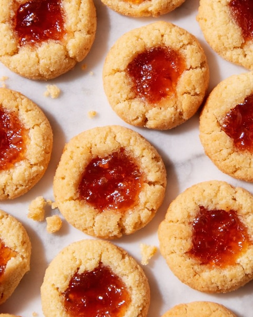 A close-up view of round cookies with a crumbly light golden brown texture, each having a deep center filled with shiny red-orange jam that looks sticky and slightly glossy. The cookies are arranged randomly on a white marbled surface, showing small crumbs around some of them, emphasizing their soft, crumbly texture. The jam sits smoothly and slightly fills the center indent of each cookie, creating a contrast between the rough cookie edges and the smooth, glossy jam. photo taken with an iphone --ar 4:5 --v 7