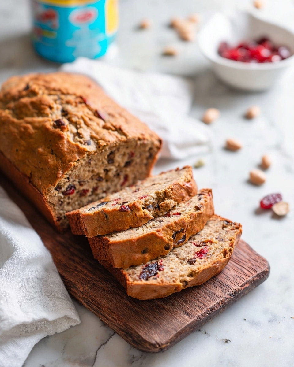 A loaf of bread with a rough golden brown crust rests on a wooden board, partially sliced into four pieces. The bread has a dense texture with visible bits of dark brown and red ingredients, giving a spotted look inside. It sits next to a white cloth with soft folds. The background features a white marbled surface, with scattered light brown beans, a can with a blue lid, and a small white bowl containing red items out of focus. photo taken with an iphone --ar 4:5 --v 7