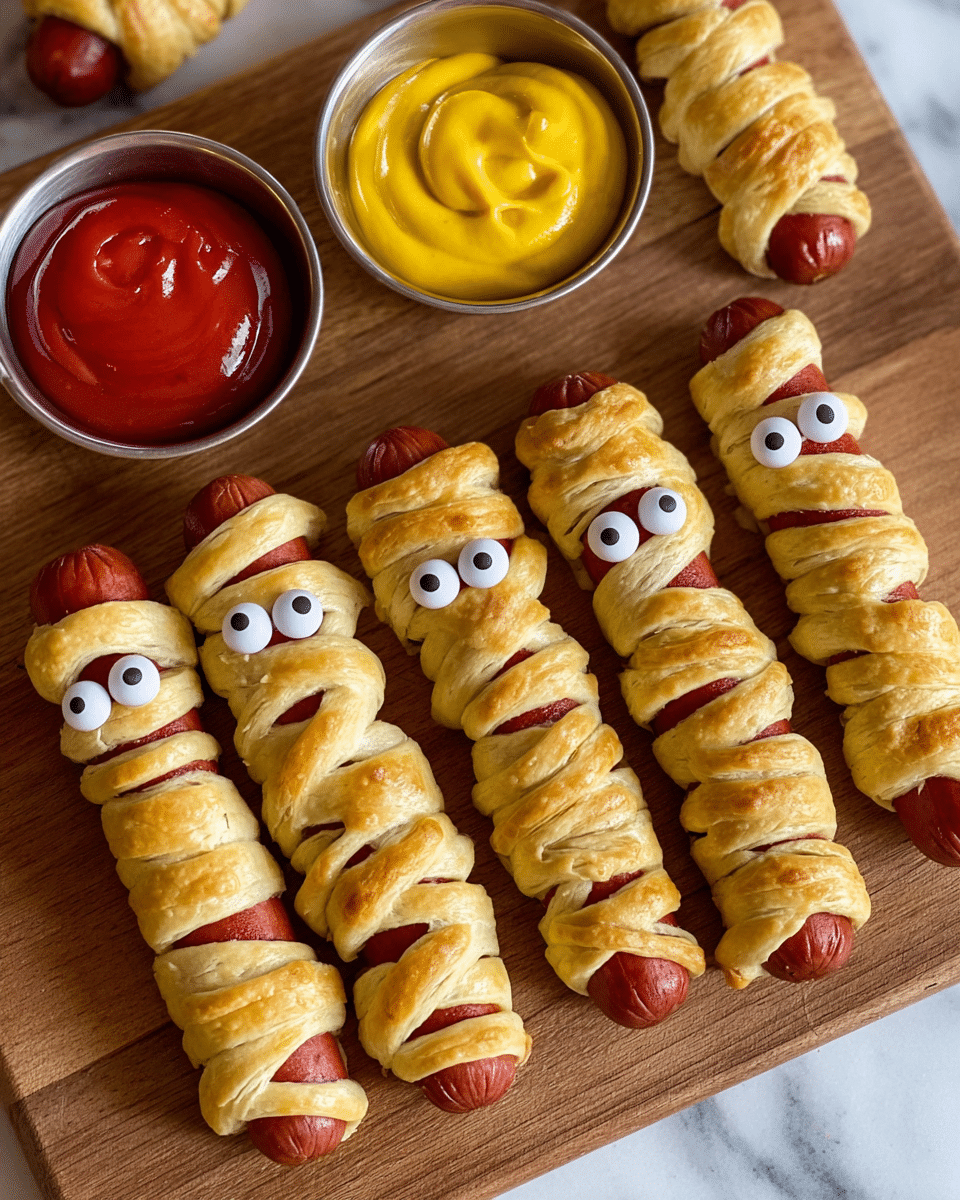 The image shows six hot dogs wrapped in thin, golden-brown dough strips to look like mummies, placed on a wooden board. Each hot dog mummy has two small white candy eyes with black pupils peeking out near the top ends. The dough is layered unevenly to give a wrapped effect, with some red sausage visible between the dough strips. At the top of the image, there are two small silver metal cups filled with smooth, thick condiments: one with bright red ketchup and the other with vivid yellow mustard. The background is a white marbled texture. Photo taken with an iphone --ar 4:5 --v 7
