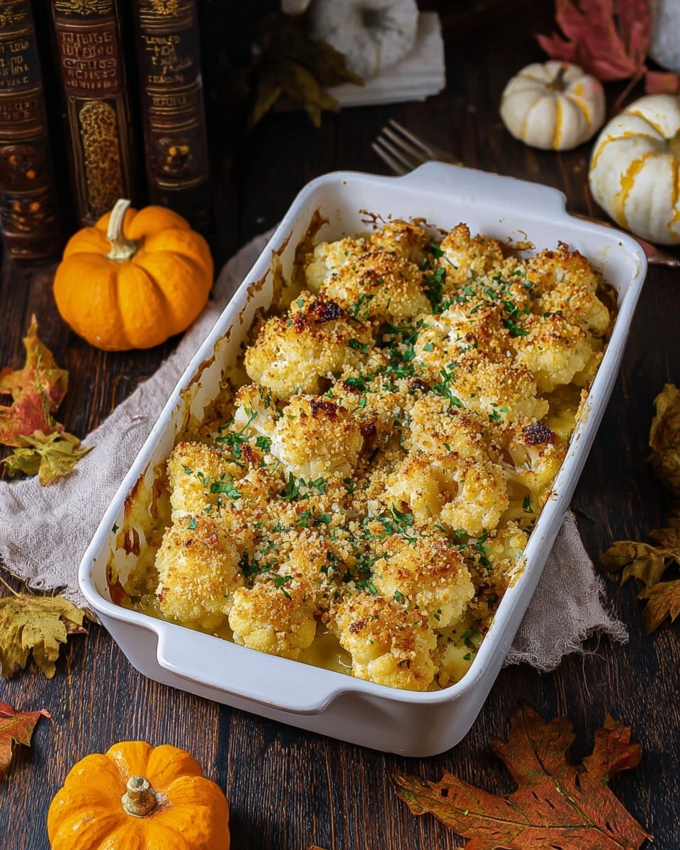 A white rectangular baking dish filled with baked cauliflower florets arranged in one layer, covered with a golden, crispy breadcrumb and herb topping with small green parsley bits scattered throughout; the cauliflower shows a light yellow cheese sauce beneath the browned crumbs and has some lightly charred edges. The dish sits on a dark wooden table surrounded by small pumpkins in orange and white, dried autumn leaves, a couple of old hardcover books stacked in the background, and a white marbled textured surface underneath it all. Photo taken with an iphone --ar 4:5 --v 7