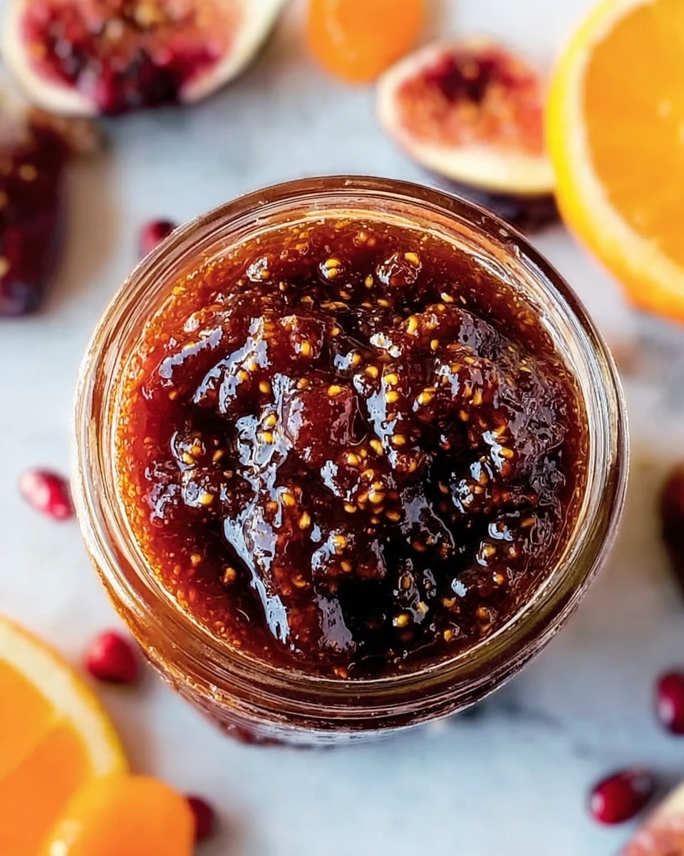 A top view of a glass jar filled with dark reddish-brown fig jam, showing a thick, chunky texture with visible fig seeds and pieces. The jam has a shiny, glossy surface with small yellow seeds scattered throughout. Around the jar, there are pieces of orange slices, deep purple figs, and red berries on a white marbled surface, creating a fresh and natural setting. Photo taken with an iphone --ar 4:5 --v 7