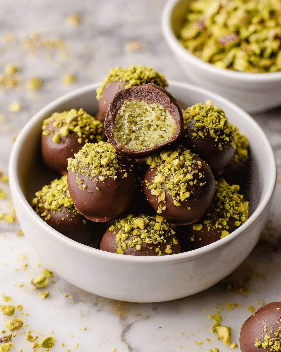 A white bowl filled with round chocolate-covered balls topped with bright green crushed pistachios. One ball in the front is bitten, showing three layers: the outer smooth dark brown chocolate shell, a thin middle layer of chocolate coating, and a dense inner layer of shredded pale green pistachio filling with a slightly coarse texture. The bowl sits on a white marbled surface with some crushed pistachios scattered around. In the background, a white bowl filled with more crushed pistachios is visible. photo taken with an iphone --ar 4:5 --v 7
