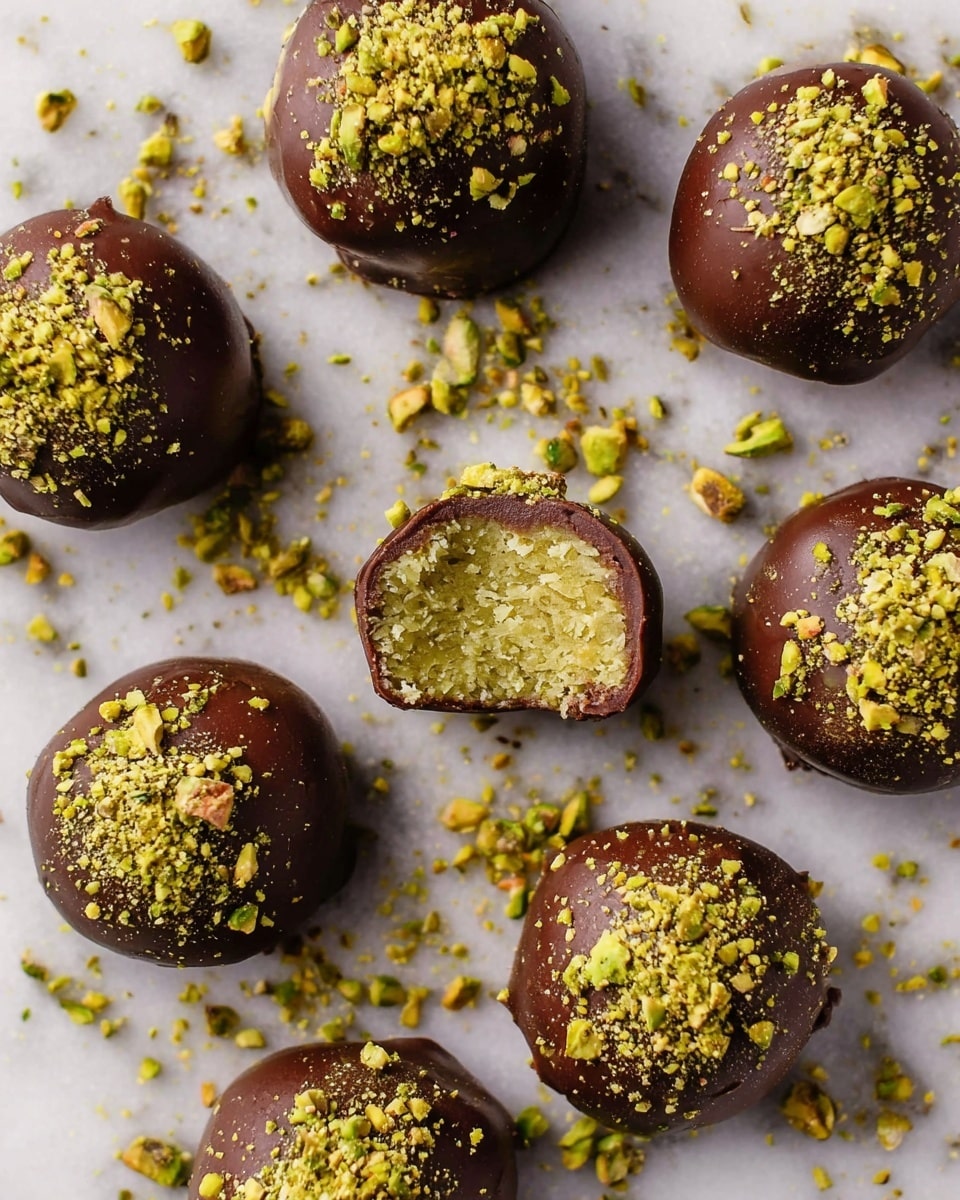 Round chocolate-covered balls with a smooth, shiny dark brown outer layer are scattered on a white marbled surface. Each ball is topped with a sprinkling of crushed green pistachios, adding a rough texture and bright color contrast. One ball is cut in half, showing a dense, shredded light green filling inside, packed tightly in a round shape beneath the chocolate shell. Crushed pistachio bits are spread around the balls on the surface, enhancing the natural look. photo taken with an iphone --ar 4:5 --v 7