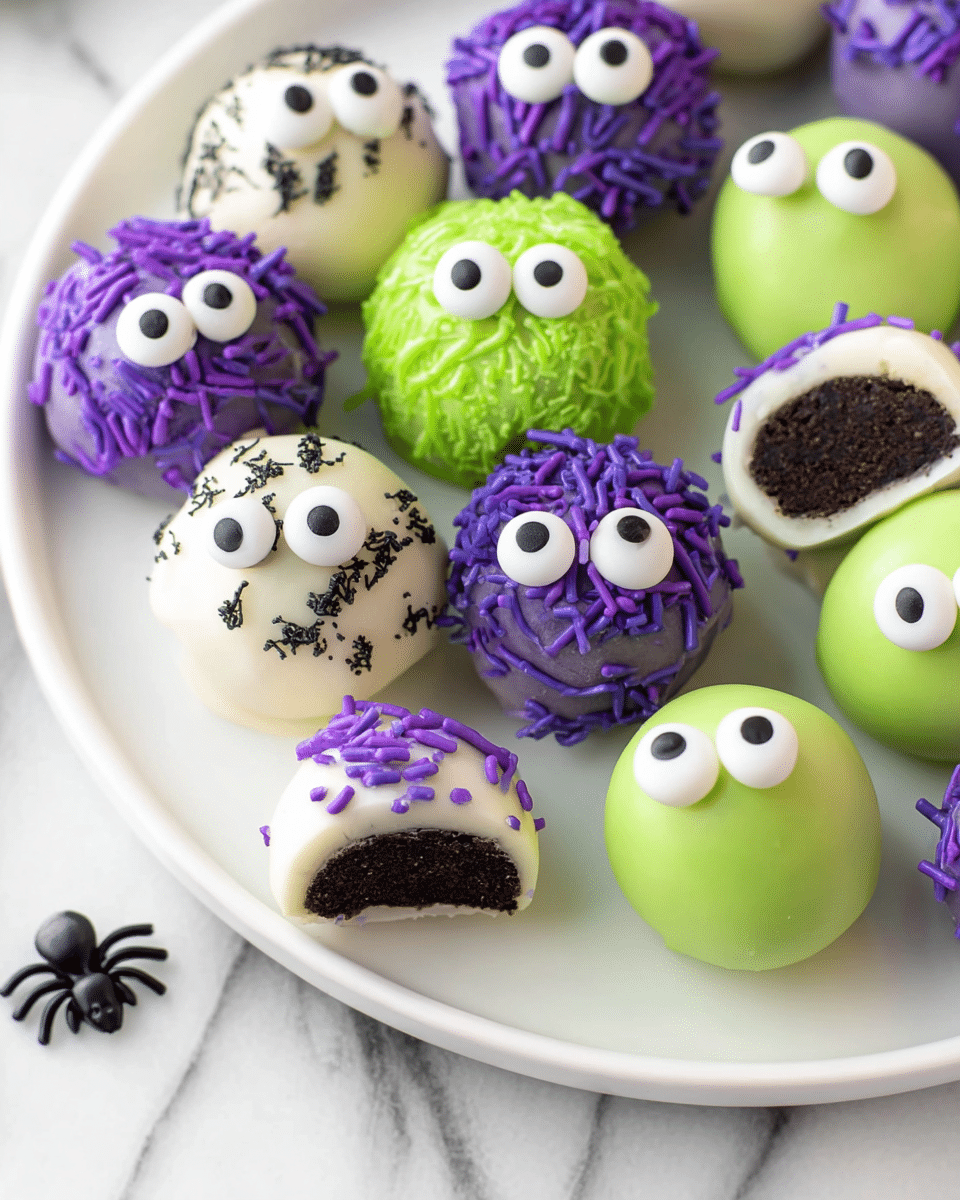 A white plate holds a pile of round cake balls decorated to look like fun monsters with three main colors: green, purple, and white. Each cake ball has a smooth outer layer of colored chocolate and one or two big white candy eyes with black pupils placed on top, giving them a playful look. The green cake balls have a rough green icing on top like hair, the purple ones have long thin purple sprinkles for hair sticking out from one side, and the white ones have short black sprinkles scattered on top. One green cake ball is cut in half showing two dark brown layers inside, with a crunchy light green coating on the outside. The plate sits on a white marbled surface and a small plastic black spider shape sits near the edge of the plate. Photo taken with an iphone --ar 4:5 --v 7