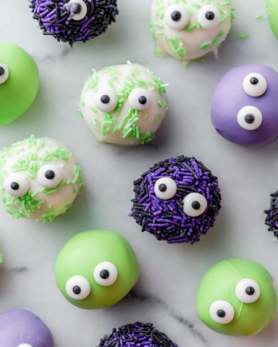 The image shows small round cake balls in pastel colors of white, green, and purple, each decorated to look like one-eyed or three-eyed monsters. Each cake ball has smooth, shiny outer frosting: green with green sprinkles, white with black sprinkles, and purple with dark purple sprinkles. The eyes are made of white circles with black centers, placed on top and sometimes in a cluster of three on the purple cake balls. The cake balls sit directly on a white marbled surface, scattered loosely across it with no plate visible. Photo taken with an iphone --ar 4:5 --v 7