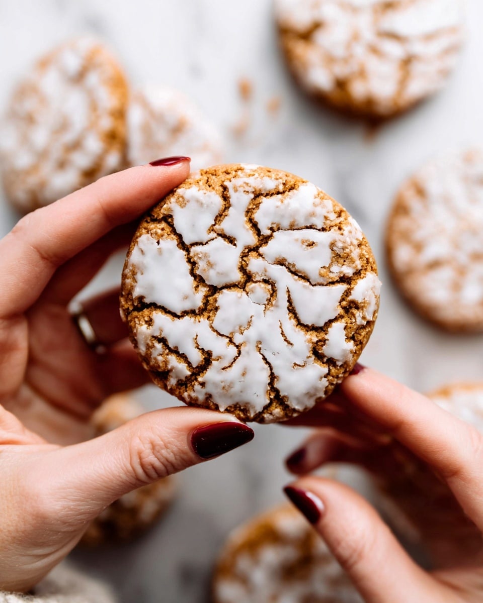 A close-up shows a single round cookie held by two woman's hands with dark red nail polish, cracking slightly at the top. The cookie is light brown with a rough texture and is topped with a thin, uneven layer of white icing that has cracked and spread out in patterns across the surface. In the background, several similar cookies without visible hands rest on a white marbled surface, slightly out of focus. The image is bright and clear, capturing fine detail in the cookie’s texture and icing. photo taken with an iphone --ar 4:5 --v 7