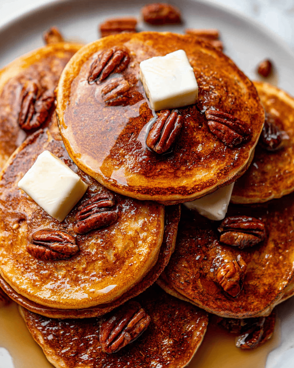 A stack of thick, golden-brown pancakes covers a white plate, each pancake showing a slightly crispy edge and soft texture inside. On top of two pancakes, there are small square pieces of melting butter, glossy from the heat. Scattered on and around the pancakes are glossy, dark brown pecans coated with a sticky syrup that shines in the light, creating a rich, sweet look. The syrup also glistens across the pancakes, pooling slightly on the plate’s white surface with hints of the white marbled texture beneath visible around the edges. photo taken with an iphone --ar 4:5 --v 7