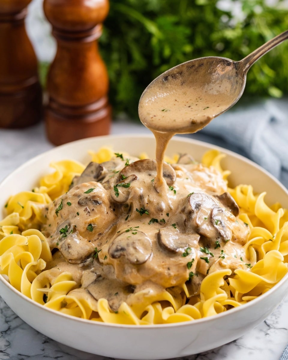 A white bowl filled with a base layer of thick yellow egg noodles arranged around the edges, topped in the center with a large portion of creamy beige chicken stroganoff covered in a smooth, light brown mushroom sauce that has visible slices of cooked mushrooms mixed in; a silver spoon holds some of the sauce above the bowl, pouring it slowly onto the food, with some green herbs sprinkled over the chicken. The background shows blurred green herbs and brown wooden pepper shakers placed on a white marbled surface. photo taken with an iphone --ar 4:5 --v 7