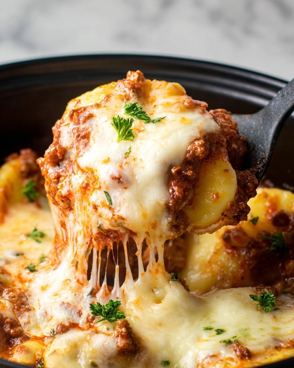 A close-up of a cheesy baked dish with at least three layers visible: a base layer of soft round pasta or dough discs with a golden yellow color, topped with a rich red-brown ground meat sauce that looks thick and chunky, and a thick melted white cheese layer on top that is stretchy and gooey, with some browned spots and sprinkled with small green parsley leaves for garnish. The dish is served in a black pot, and a black spoon lifts one portion, showing the stretch of melted cheese and the layered textures beneath. The white marbled texture provides a clean background. Photo taken with an iphone --ar 4:5 --v 7