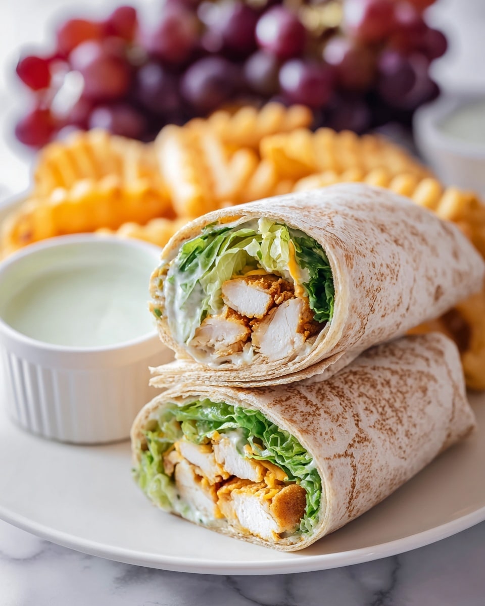 A close-up view of a wrap cut in half, with two halves stacked on a white plate on a white marbled surface; the wrap has a light brown, textured flatbread exterior, inside visible layers include green leafy lettuce, white grilled chicken pieces, and a layer of shredded orange-yellow cheese, all wrapped tightly together. In the background, there are blurred details of light golden waffle fries, a small white cup filled with green ranch dressing, and a bunch of red and purple grapes. photo taken with an iphone --ar 4:5 --v 7