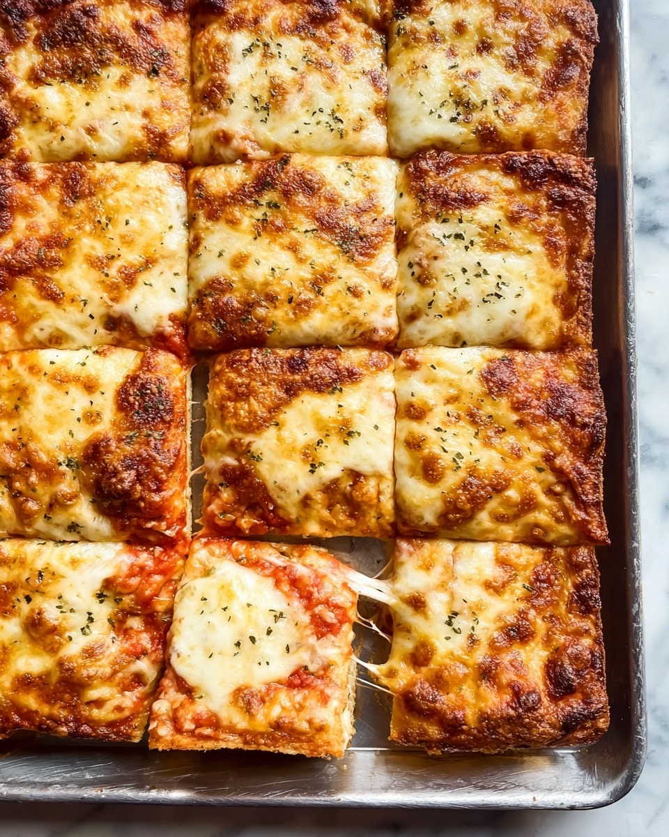 A metal rectangular baking tray holds a deep-dish square pizza cut into twelve square pieces. The top layer is golden brown melted cheese with some spots darker from baking and sprinkled with dried herbs. Under the cheese, an orange-red layer of tomato sauce can be seen especially where the cheese has browned or pulled away. The crust edges around the tray are thick and browned, showing a crispy texture. One piece near the bottom left is slightly pulled out, revealing a thick crust at the bottom with cheese stretching from the slice. The tray rests on a white marbled surface photo taken with an iphone --ar 4:5 --v 7