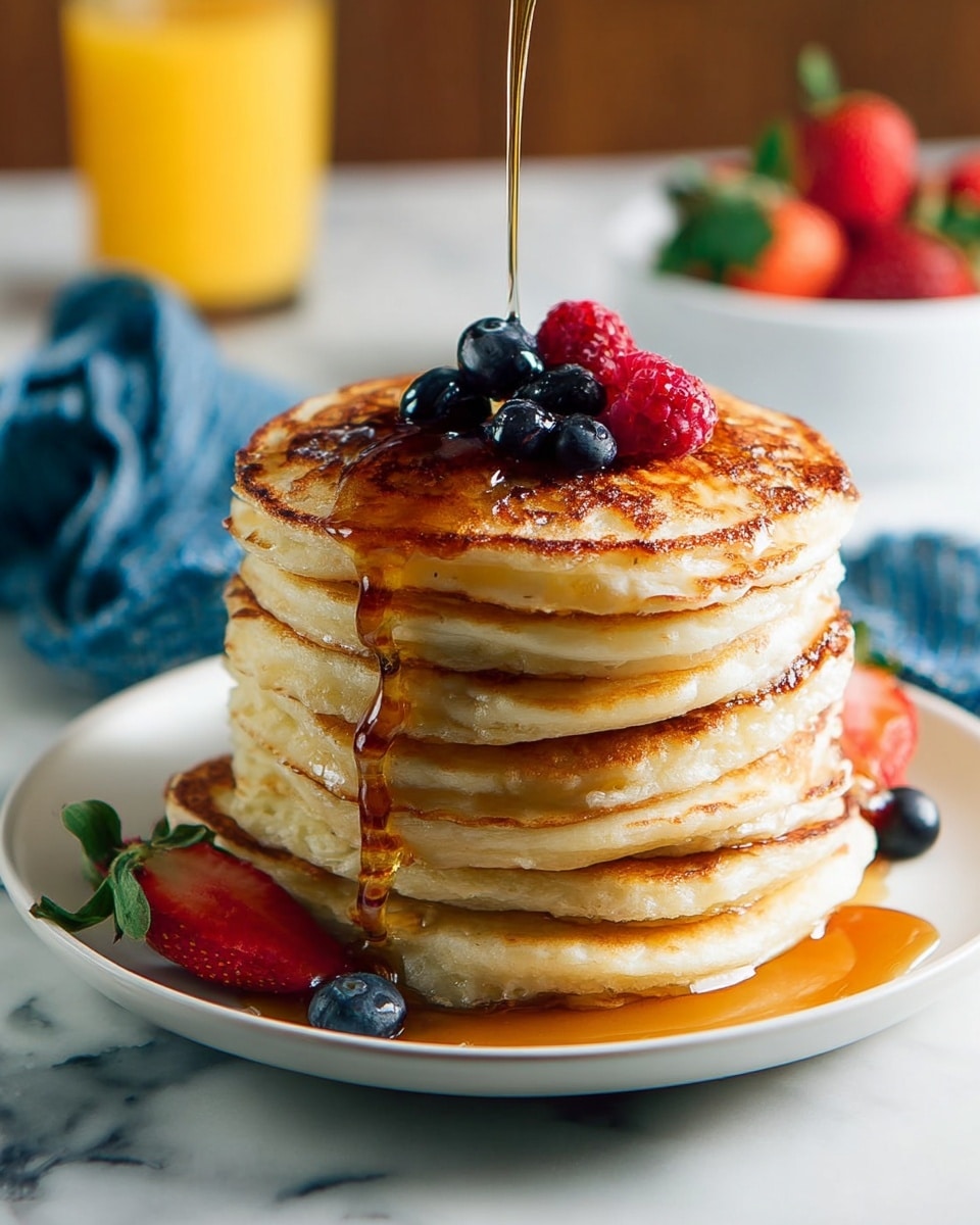 A stack of eight golden-brown pancakes sits neatly on a white plate, with a slice cut out to show the soft, fluffy texture inside each layer. The top pancake is topped with fresh berries including a red strawberry, bright red raspberries, and dark blue blueberries dusted lightly with powdered sugar. The plate rests on a white marbled surface, and a blur of a silver spoon and a white bowl filled with more berries can be seen softly in the background. Photo taken with an iphone --ar 4:5 --v 7
