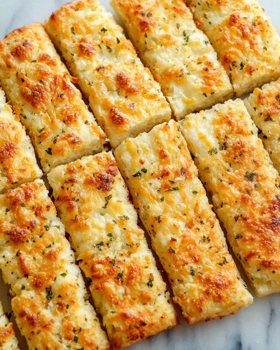 A close-up view of a batch of golden-brown breadsticks arranged in rows on a white marbled surface. Each breadstick has a slightly rough texture with melted cheese patches taking on orange hues, and flecks of green herbs are visible on the surface. The breadsticks are rectangular and stacked side by side, with a light crispy crust and fluffy interior. photo taken with an iphone --ar 4:5 --v 7