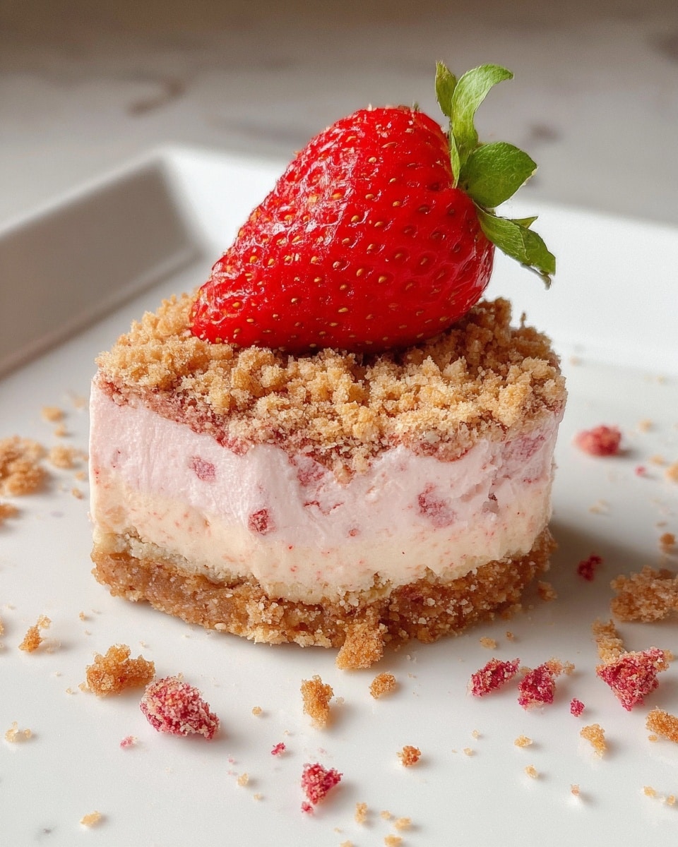 A small dessert with three visible layers on a white plate with scattered crumbs around it; the bottom layer is a dense, light brown crumb base, the middle layer is a thick, pale pink creamy filling with small red specks, and the top layer is a coarse crumb topping similar in color to the bottom but with a rougher texture; a bright red strawberry half with fresh green leaves is placed on top, adding a pop of color. Photo taken with an iphone --ar 4:5 --v 7