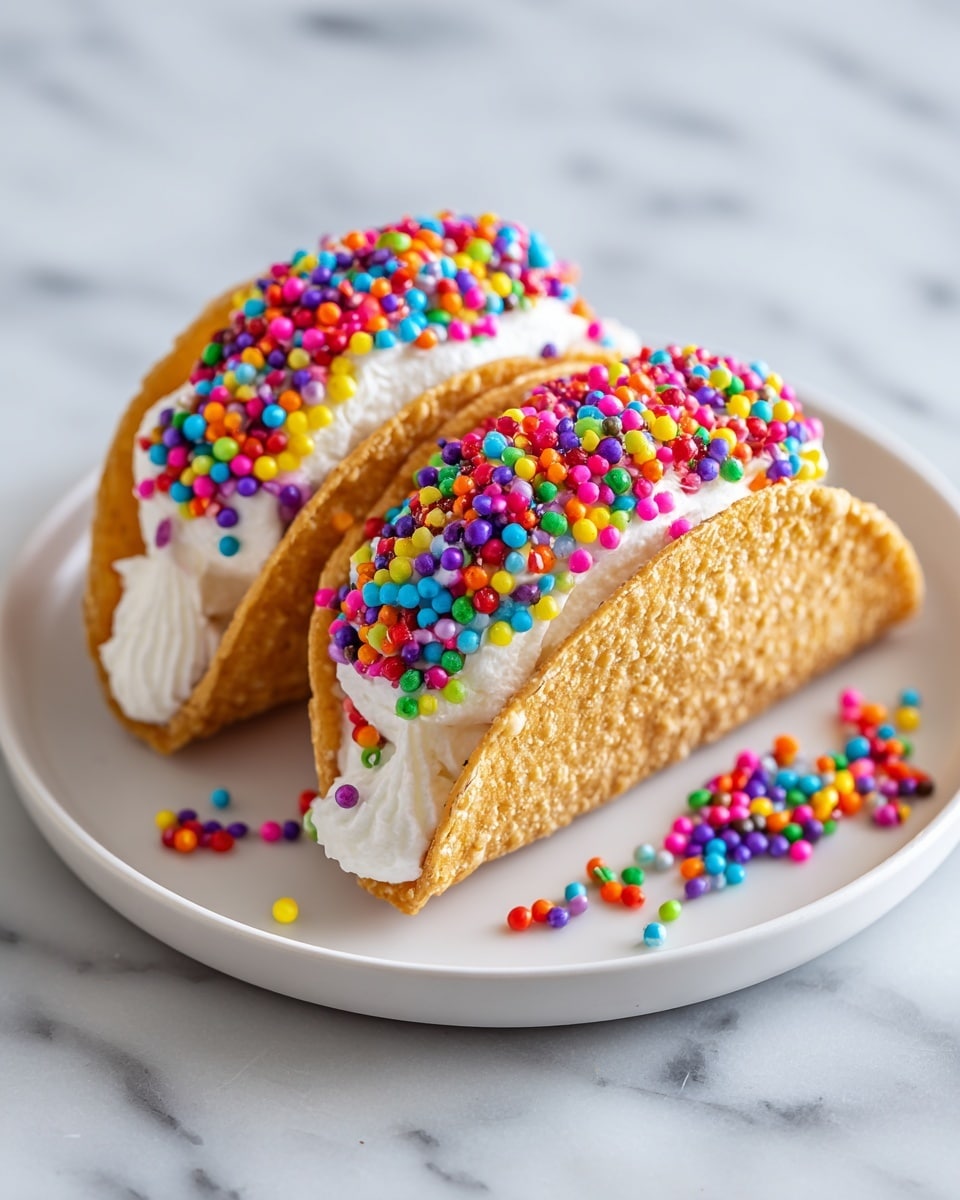 Two small taco-shaped shells covered in colorful round and chunky sprinkles in red, yellow, green, blue, and purple sit side by side on a simple white plate. Each shell is filled with a thick creamy white layer that slightly overflows onto the plate. The cream is topped with a generous sprinkle of tiny, multicolored candy beads, adding a textured, bright look. A few sprinkles have fallen onto the plate, enhancing the playful and sweet appearance. The plate is placed on a white marbled surface. photo taken with an iphone --ar 4:5 --v 7