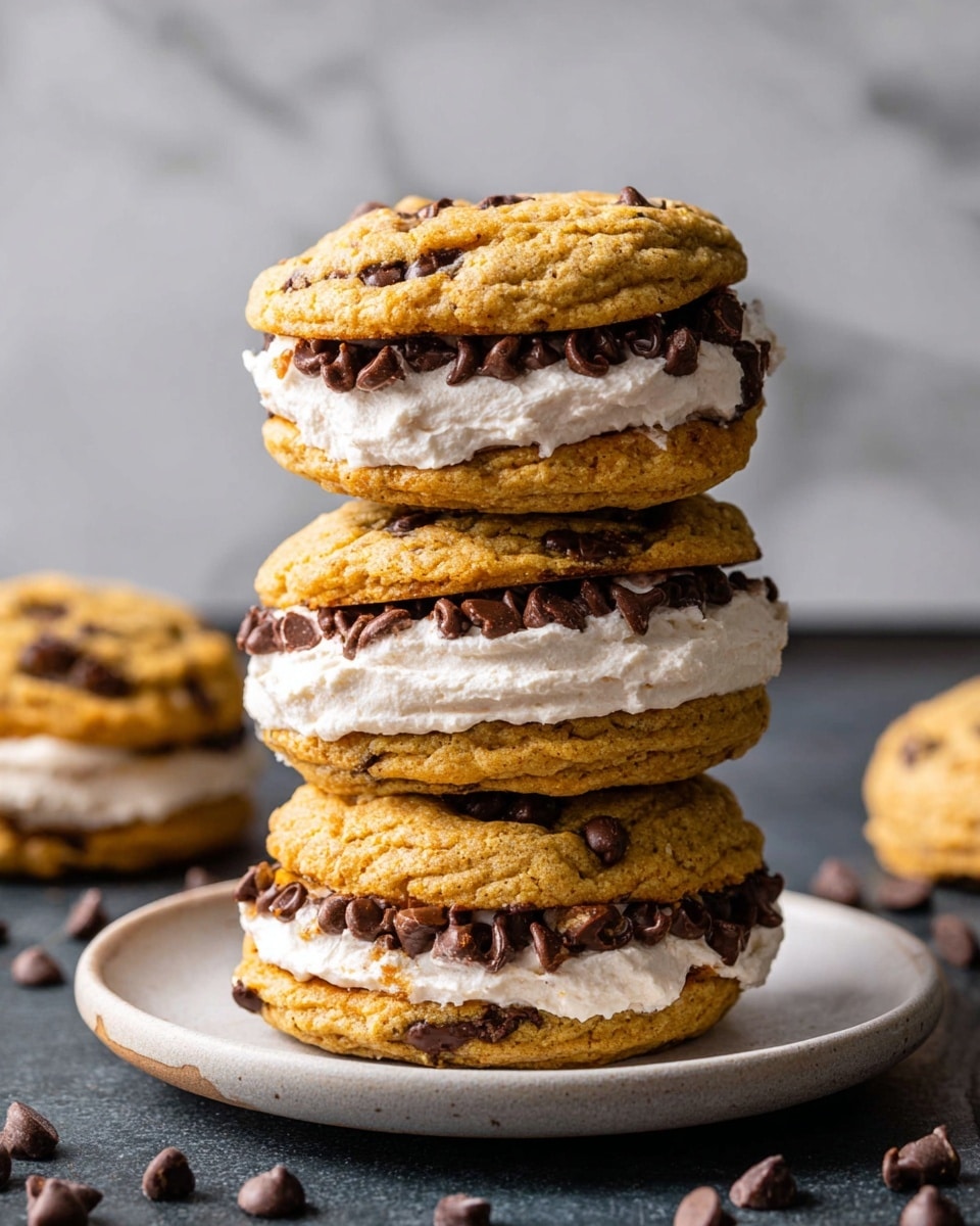 A stack of three chocolate chip cookie sandwiches on a round white plate, each sandwich made with two thick golden-brown cookies speckled with dark chocolate chips, layered with a smooth off-white cream filling in between. The cookies have a soft, slightly chunky texture with visible chocolate chips on top, while the cream appears light and fluffy, slightly uneven in spread. The plate rests on a dark surface with scattered chocolate chips around, and the background is a blurry white marbled texture. photo taken with an iphone --ar 4:5 --v 7