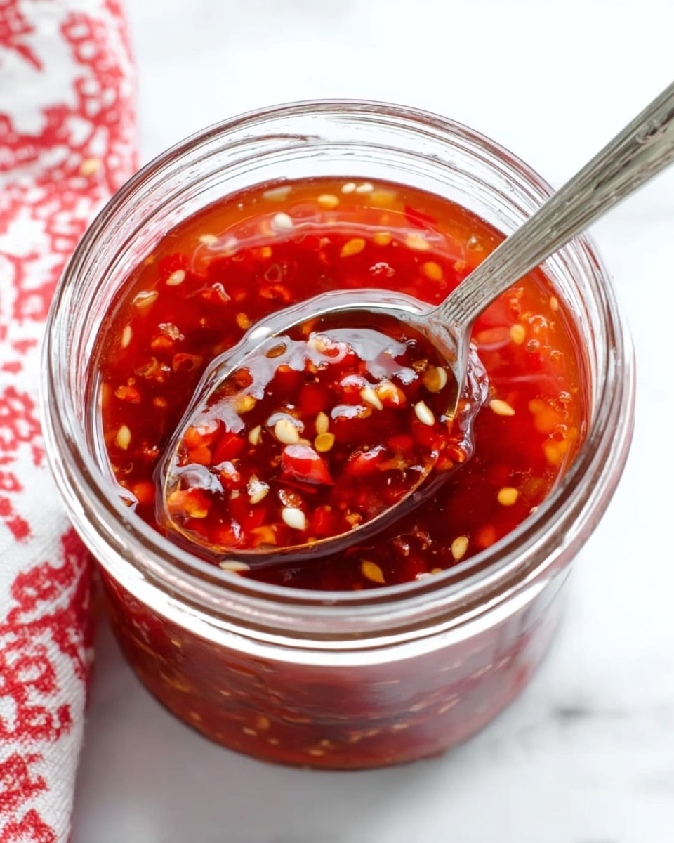 A clear glass jar filled with bright red chili sauce containing small white and red chili seeds and bits of chili flakes, with a silver spoon resting inside the jar showing the sauce’s shiny, slightly thick texture. The jar is placed on a white marbled surface, and a red and white cloth is partly visible in the background, giving a fresh and spicy look. photo taken with an iphone --ar 4:5 --v 7