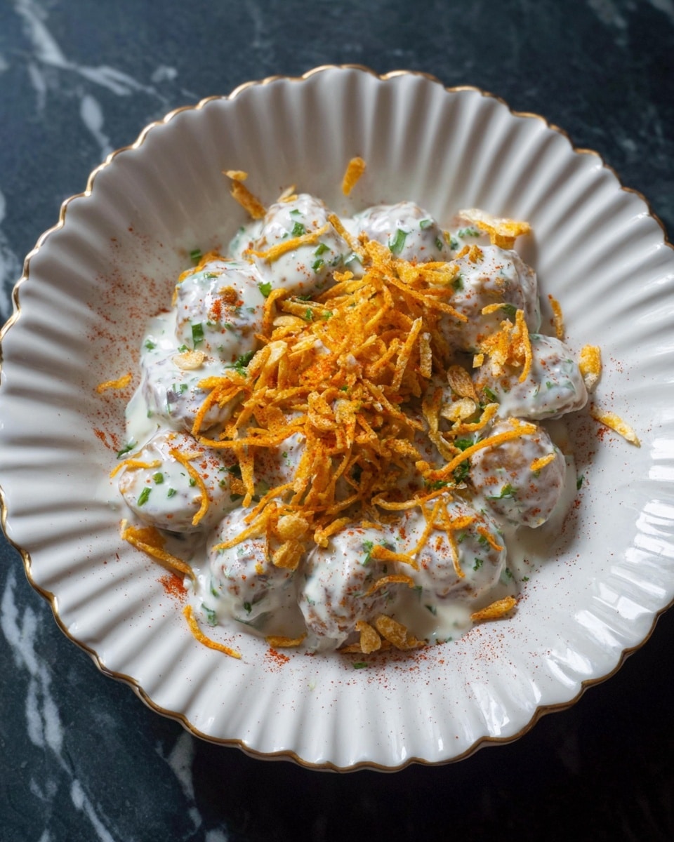 The dish is served on a white scalloped plate with a textured edge, containing about eight pieces of round snacks covered in a thick white creamy sauce with small green herb pieces visible. On top, there is a generous layer of fine, crispy orange-yellow thin sticks scattered mostly in the center and some sprinkled around the edges. A light dusting of reddish-orange spice is also spread over the top, adding contrast to the creamy white base. The plate rests on a dark surface, but the background has been changed to a white marbled texture. photo taken with an iphone --ar 4:5 --v 7