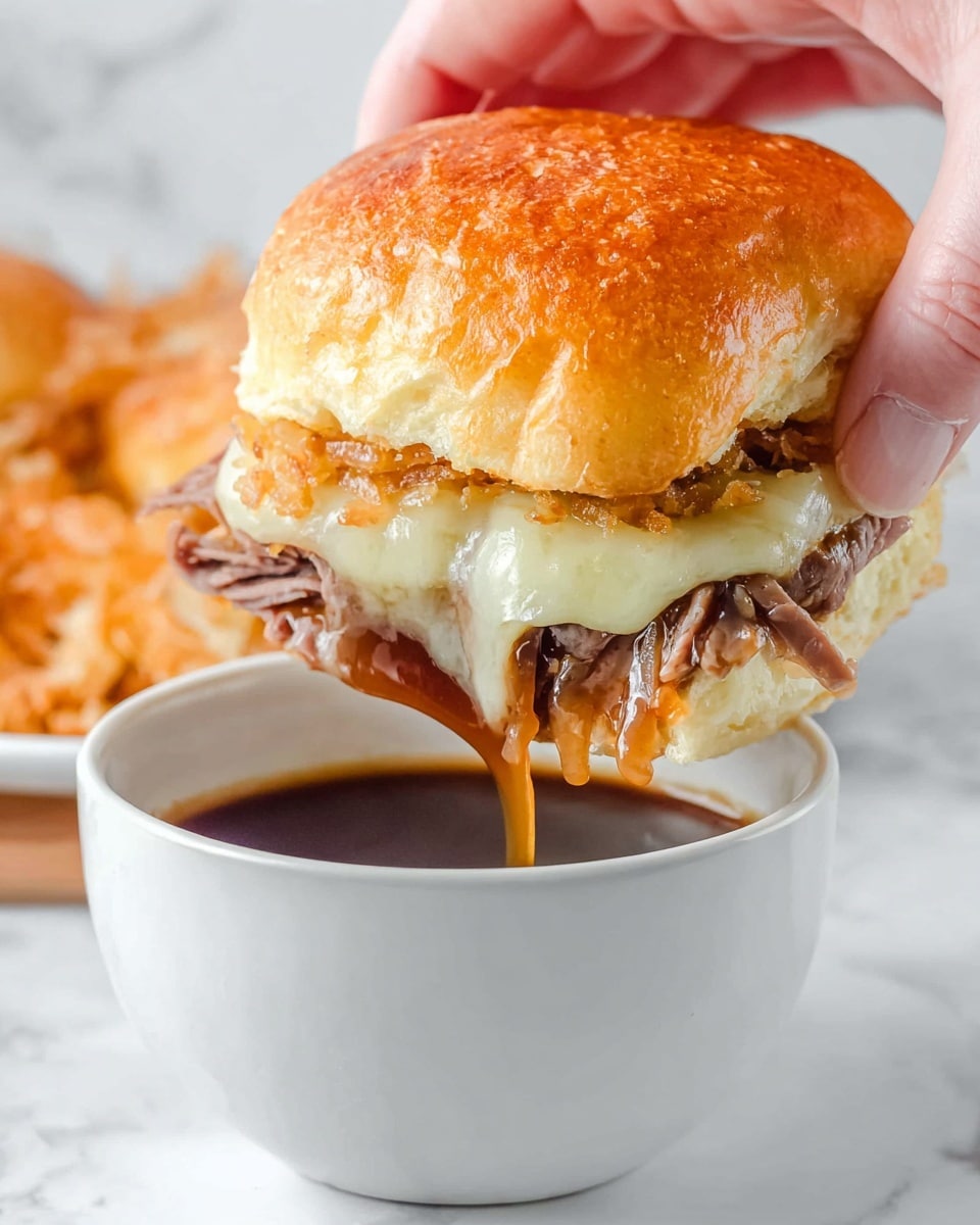 A woman's hand is holding a sandwich slider above a white cup filled with dark, glossy dipping sauce. The sandwich has three main layers: the top soft golden brown bun sprinkled with crispy bits, a middle layer of creamy melted cheese with a smooth texture, and a bottom layer of thin, tender slices of roast beef mixed with caramelized onions that are glossy light brown and slightly translucent. The melted cheese drips down the side as the sandwich is dipped. The background shows a white marbled surface. Photo taken with an iphone --ar 4:5 --v 7