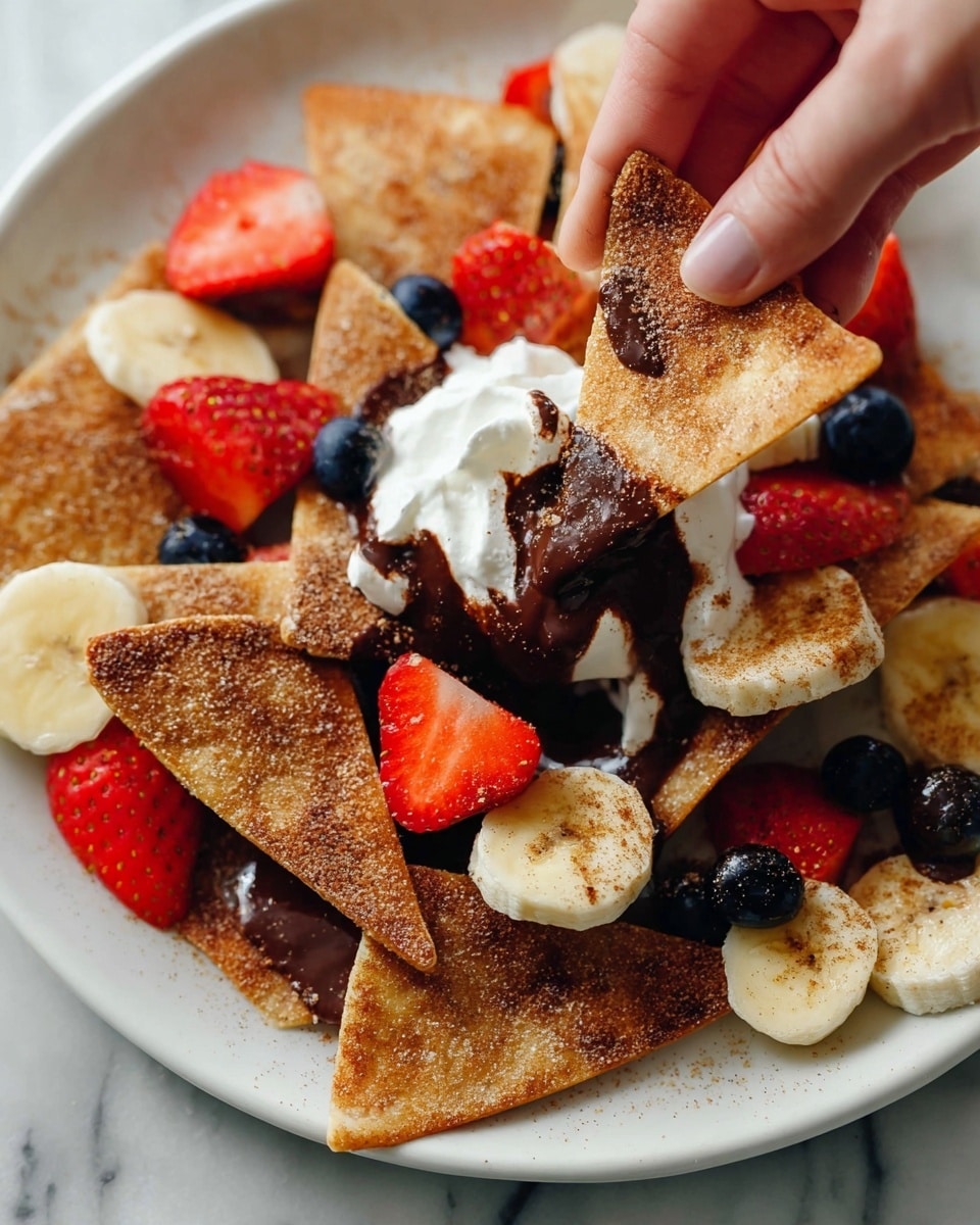 The image shows a close-up of a plate filled with triangle-shaped cinnamon sugar tortilla chips that have a golden brown color and light grainy texture. Scattered on top and around the chips are slices of red strawberries, dark blueberries, and round banana slices with a pale yellow color. A dollop of whipped cream with a soft, fluffy texture and light specks of cinnamon sits on one side. A woman's hand is picking up one of the chips, which is drizzled with rich, dark chocolate sauce that glistens softly. The plate is white and the background is a white marbled texture. photo taken with an iphone --ar 4:5 --v 7