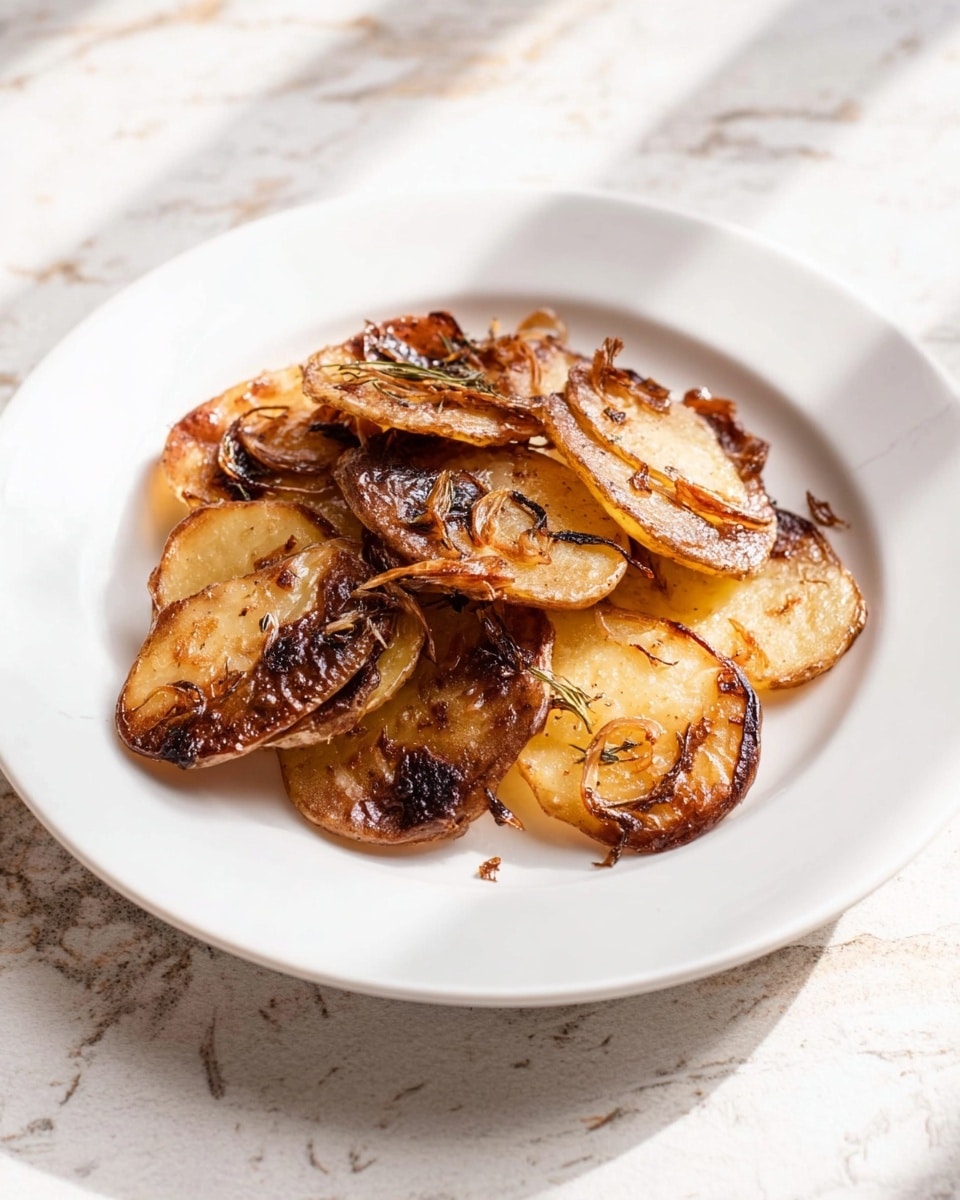 A white plate holds a single layer of cooked potato slices arranged in a casual pile. Each slice has a browned, crispy edge with a golden to deep brown color, showing some charred spots and a slightly oily sheen. Small bits of caramelized onions or garlic pieces are scattered across the surface of the potatoes, enhancing the texture with some rough, crunchy bits. The plate sits on a white marbled surface with soft, natural light falling across the dish, highlighting the rich textures and browns of the potatoes. Photo taken with an iphone --ar 4:5 --v 7