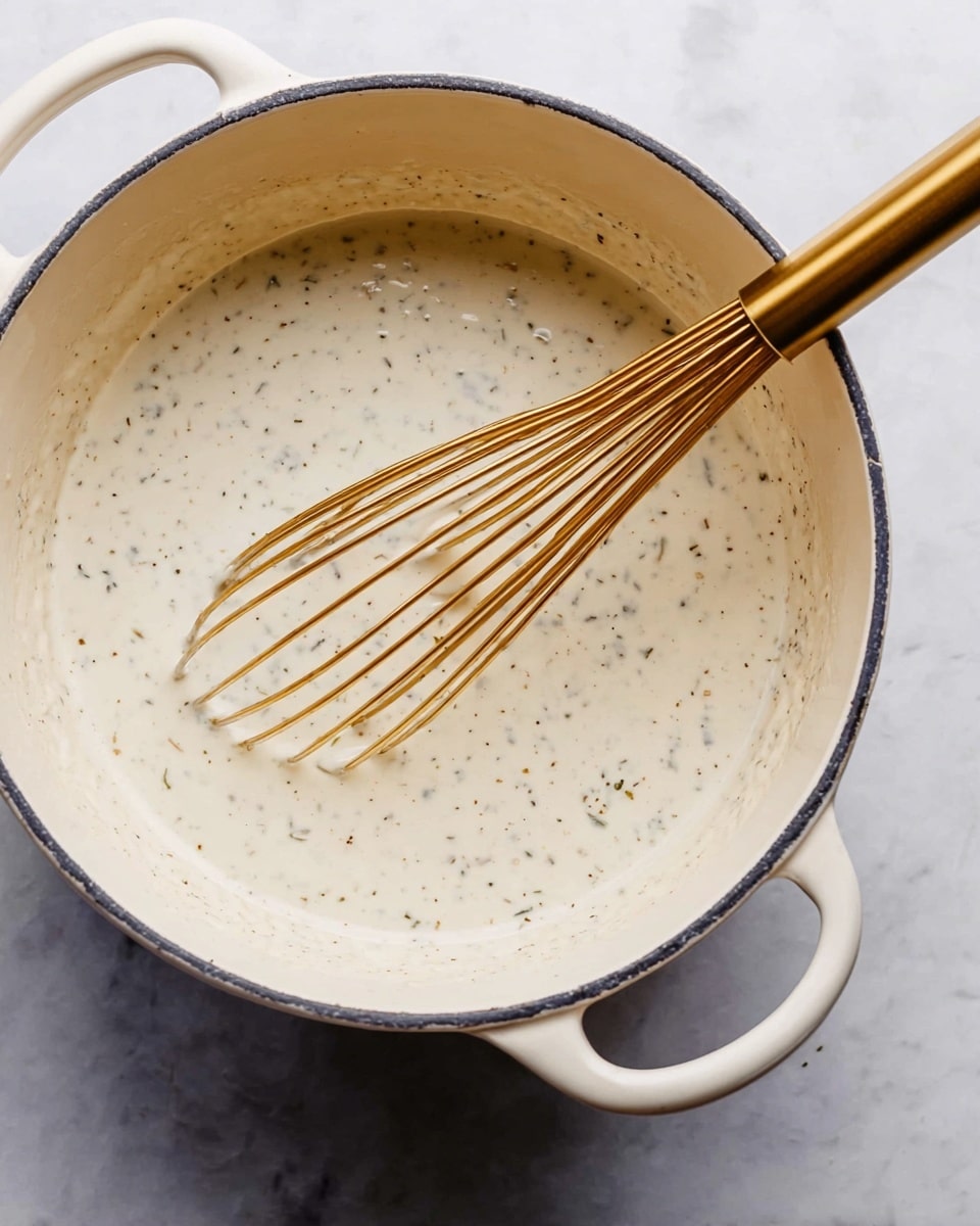 A close-up view of a large white enamel pot with a dark edge rim, filled with creamy white sauce speckled with small black and brown herbs or spices. A gold whisk is sitting inside the pot, partially covered in the sauce. The pot rests on a white marbled surface, adding a clean and bright feel to the image. The sauce has a smooth and slightly thick texture, and the pot's handle is visible on the bottom right side. photo taken with an iphone --ar 4:5 --v 7