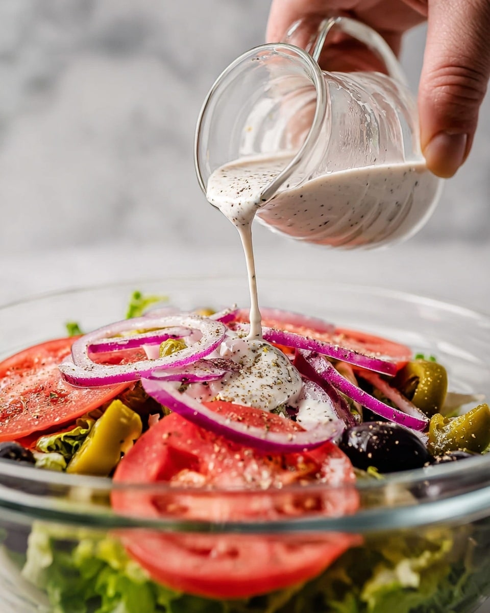 A close-up shot of a fresh salad showing layered ingredients in a clear glass bowl. The bottom layer is green leafy lettuce with a soft texture, topped with bright red tomato slices with a juicy texture. There are thin rings of purple-red onion placed around and on top of the tomatoes. A few dark purple olives and light green pepperoncini peppers are scattered across the salad. White, creamy dressing with black specks is being poured from a small clear glass pitcher held by a woman's hand, coating the top layer of tomatoes and olives. The background is a white marbled texture. photo taken with an iphone --ar 4:5 --v 7