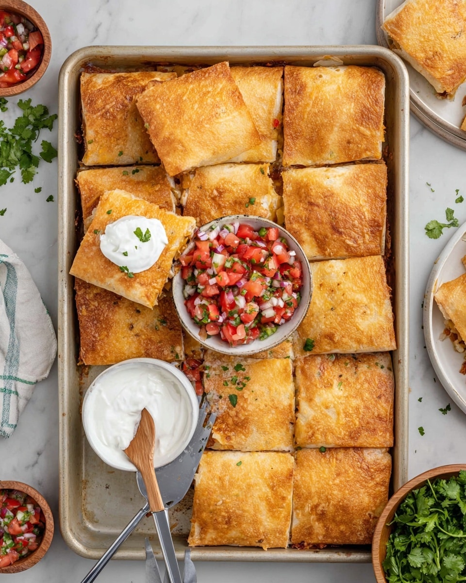 The image shows a baking tray filled with a layered dish made of nine square pieces of baked, golden-brown tortillas. Each square is folded and stacked, showing a slightly crispy texture on top. One square piece is being lifted with a metal spatula, revealing a filling inside and topped with a dollop of white sour cream and a colorful mix of diced red tomatoes, green peppers, and white onions, garnished with green herbs. In the center of the tray, there is a small white bowl holding a fresh salsa of diced tomatoes, onions, green peppers, and herbs with a small wooden spoon inside. Nearby, there is a small white bowl filled with sour cream and a silver spoon, a bunch of green cilantro in a wooden bowl, and part of a white plate holding more pieces of the dish. Everything is set on a white marbled surface. photo taken with an iphone --ar 4:5 --v 7
