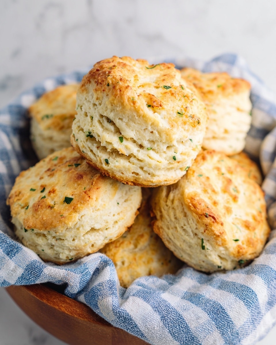 A close-up view of several golden-brown biscuits with a slightly crispy, uneven top layer showing light browning and small green herb flecks. These biscuits have a soft, fluffy texture with visible layers inside, stacked casually in a round wooden basket lined with a blue and white checkered cloth. The background is a white marbled surface, creating a clean and bright setting. photo taken with an iphone --ar 4:5 --v 7