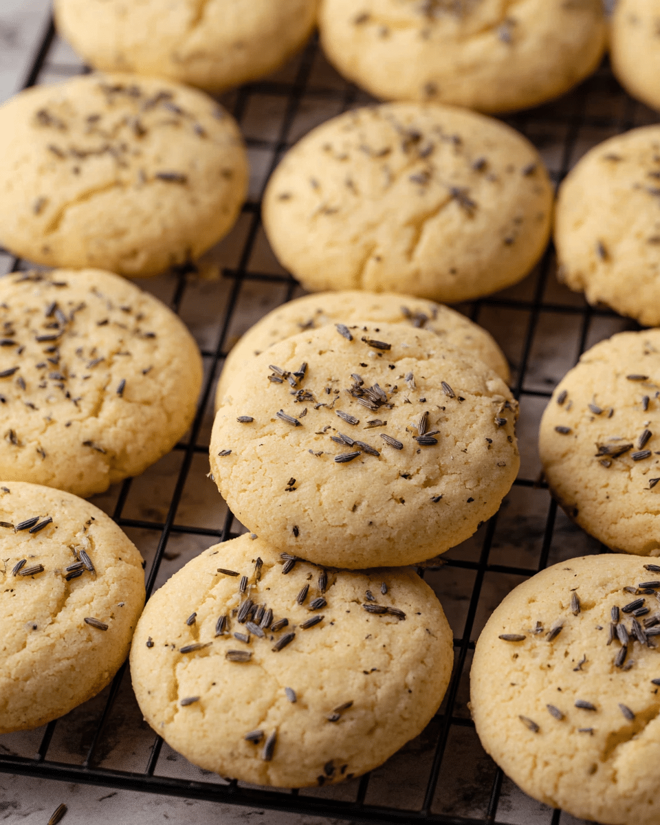 A close-up of round cookies spread out on a black cooling rack, each cookie having a light golden color with a soft, slightly crumbly texture. Small dark specks, likely lavender buds, are sprinkled unevenly across the tops. The cookies are thick and slightly domed with gentle cracks and creases visible on their surface. The background is a white marbled texture. photo taken with an iphone --ar 4:5 --v 7