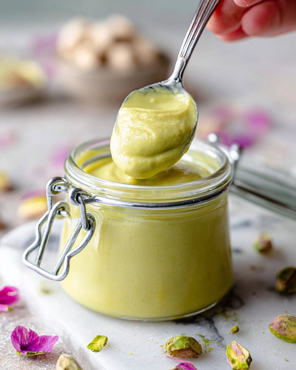 The image shows a small glass jar filled with a smooth, thick, light greenish-yellow sauce, with a shiny metal clasp on the front. A silver spoon is dipped into the sauce, lifting a rounded scoop that highlights the creamy texture. The jar sits on a white marbled surface with some scattered pistachio nuts and a few light pink flower petals around it. In the background, a blurred woman's hand can be seen holding the spoon. The overall look is fresh and appetizing. photo taken with an iphone --ar 4:5 --v 7