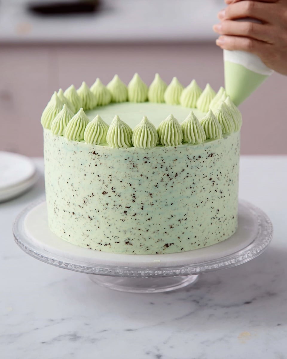 A round cake with three visible layers is covered in a light green frosting that has tiny dark green specks throughout. The frosting is smooth on the sides and top, with a thick border of teardrop-shaped dollops being piped around the top edge using a piping bag held by a woman's hand. The cake sits on a clear glass cake stand set on a white marbled surface. The background is a soft, blurred indoor setting. Photo taken with an iphone --ar 4:5 --v 7